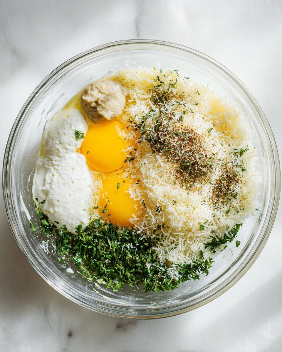 A clear glass bowl shows a mixture with four visible layers: at the bottom, a bed of chopped green herbs; on top of that, two bright yellow egg yolks side by side; next, a thick white creamy dollop and a smaller scoop of a beige paste placed near the top left edge; covering most of the center and right, a generous layer of finely grated pale yellow cheese sprinkled with dark brown dried herbs and a pinch of salt and pepper. The bowl sits on a white marbled surface with soft natural light highlighting the textures. photo taken with an iphone --ar 4:5 --v 7