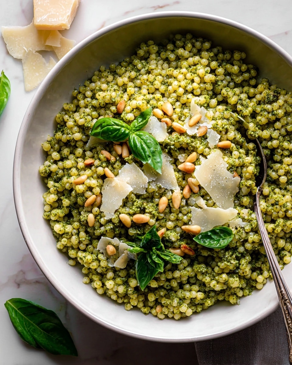A white bowl filled with small, round green couscous grains coated evenly in pesto sauce. On top, light brown pine nuts scattered along with thin shreds and small chunks of pale yellow Parmesan cheese. Fresh dark green basil leaves and thinly sliced basil add a fresh touch. A silver spoon is partially visible on the right side inside the bowl. The bowl sits on a white marbled surface with a few basil leaves and Parmesan shards around it. Photo taken with an iphone --ar 4:5 --v 7