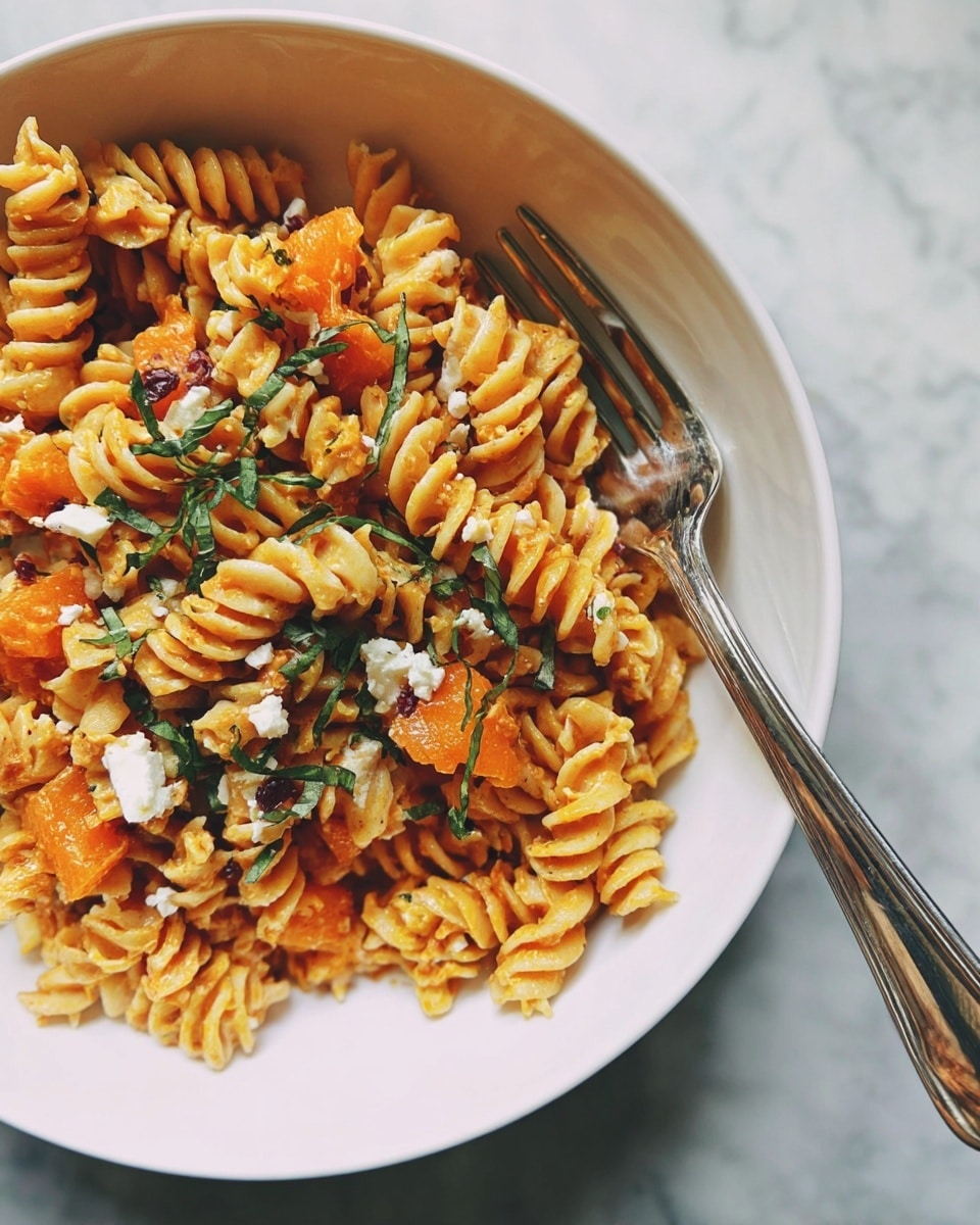 A white bowl filled with spiral pasta mixed with bright orange chunks and small pieces of white cheese scattered on top. Thin green herb leaves are spread over the pasta, adding some extra color. A shiny fork rests on the right edge of the bowl. The bowl sits on a white marbled surface. photo taken with an iphone --ar 4:5 --v 7