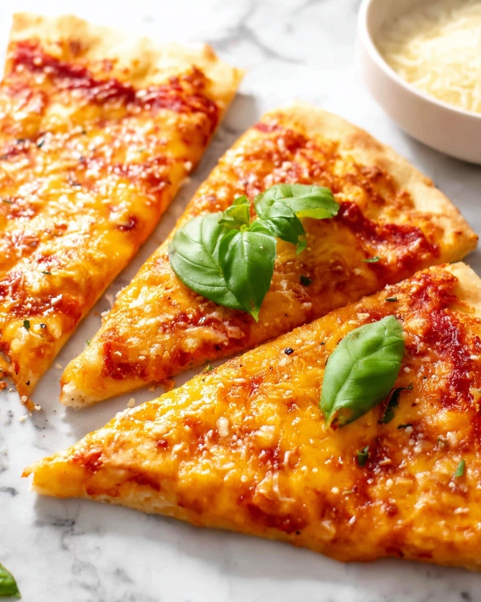 The image shows three slices of pizza on a white marbled surface. Each slice has a golden-brown crust with a soft texture, topped with a layer of red tomato sauce beneath a generous covering of melted yellow-orange cheese sprinkled with small bits of Parmesan. On top of two slices, there is a fresh green basil leaf placed near the center, adding a pop of color. The cheese looks smoothly melted with some small browned spots, and the tomato sauce peeks through unevenly beneath the cheese. In the background, the edge of a white bowl with grated cheese is visible. Photo taken with an iphone --ar 4:5 --v 7