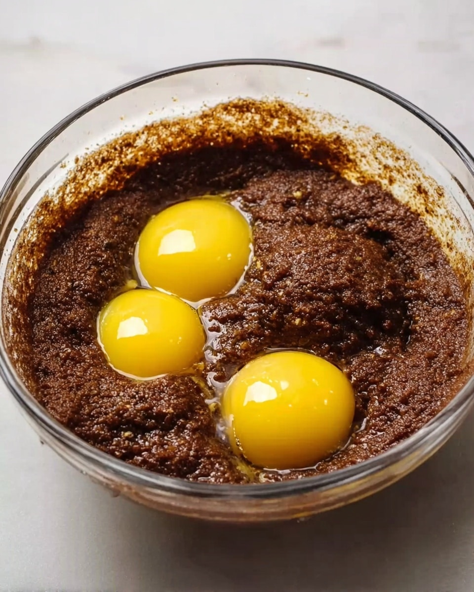 A clear glass bowl filled with a thick, dark brown mixture with a grainy texture. Three whole bright yellow egg yolks lay on top of the mixture, sitting slightly sunken into it. The bowl is placed on a smooth white marbled surface. Photo taken with an iphone --ar 4:5 --v 7