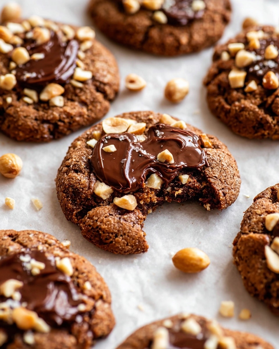 The image shows several round chocolate cookies placed on white parchment paper over a white marbled surface. Each cookie has a rough, crumbly texture with a rich brown color, topped with scattered chopped nuts that are light tan in color. On the tops of the cookies are thick dollops of melted chocolate, smooth and glossy, in a darker, shiny brown shade. The cookie in the center has a bite taken out of it, revealing a softer, moist inside with bits of nuts and chocolate inside. Whole chopped nuts are also scattered around the cookies on the surface. photo taken with an iphone --ar 4:5 --v 7