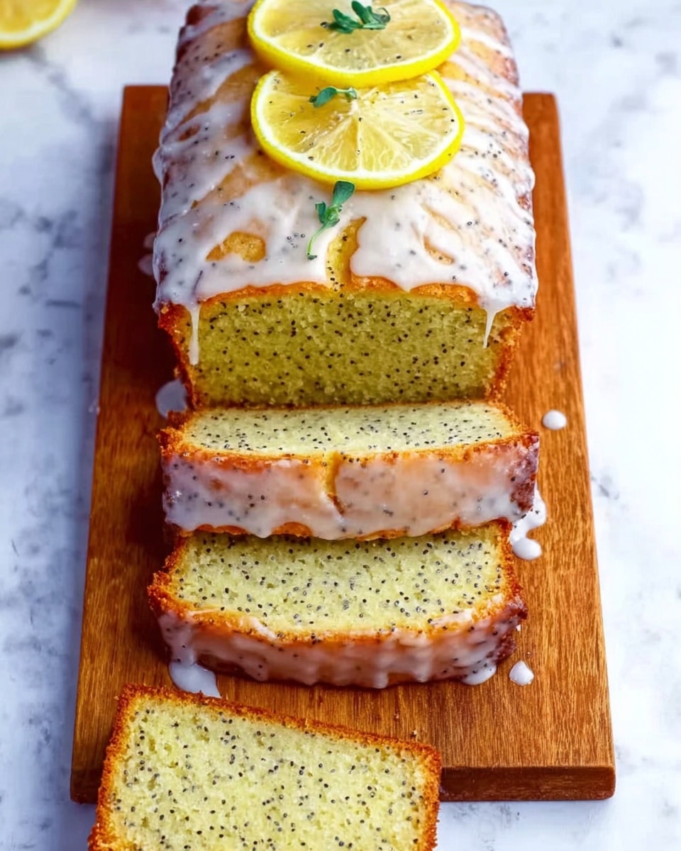 A loaf of poppy seed lemon cake is shown on a small wooden board placed on a white marbled surface. The cake has a light golden-brown crust with a white icing glaze drizzled unevenly on top, giving a shiny appearance. On the top layer, two thin yellow lemon slices and a small green herb sprig lie near the top center. The cake is sliced into four thick pieces revealing its dense, moist, pale yellow interior dotted with tiny black poppy seeds evenly throughout. The slices rest in a slightly fanned layer on the board with the bottom slice slightly separated. A partial slice lies on the white marbled surface nearby. photo taken with an iphone --ar 4:5 --v 7