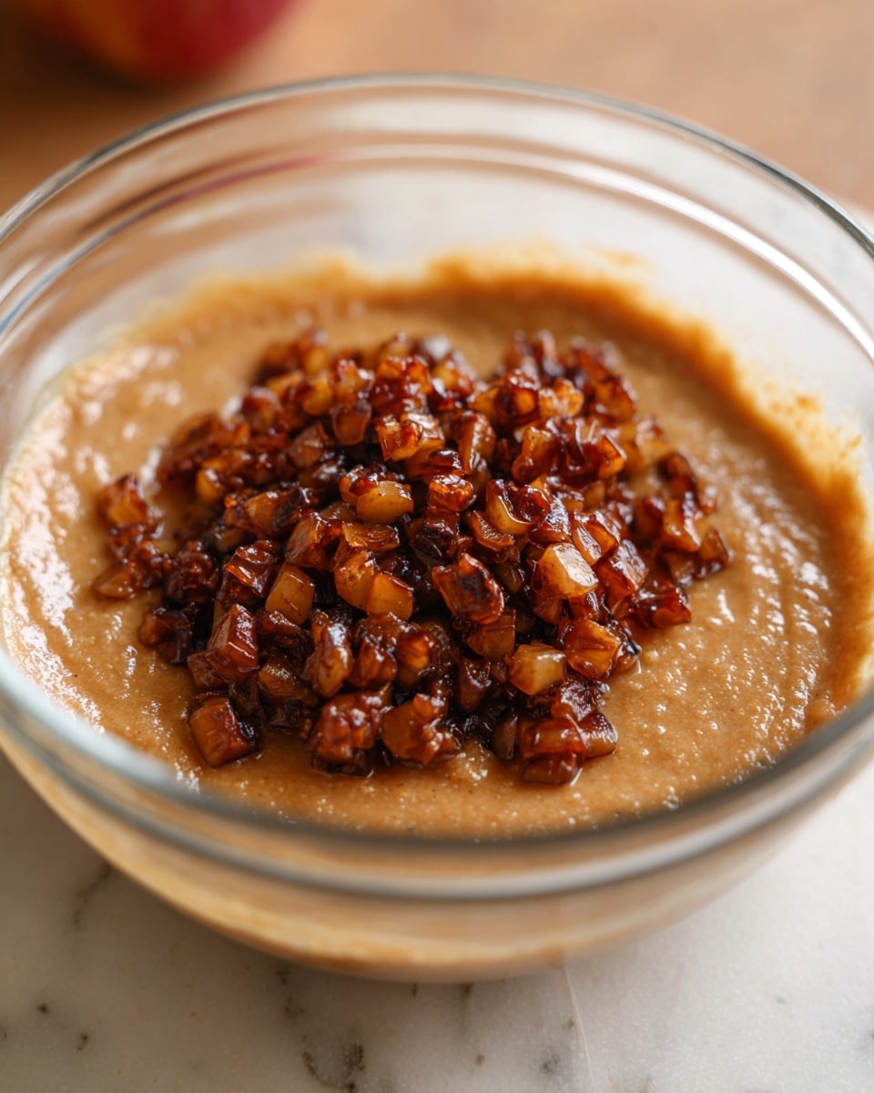 A clear glass bowl sits on a white marbled surface, filled with a smooth, light brown batter covering the bottom and sides. On top in the center is a pile of small, diced pieces of dark brown fruit mixed with spices, slightly shiny and glistening as if coated with syrup or sauce. Part of a red apple is blurred in the background, adding a hint of color contrast. The bowl is large and round, with the food layers clearly visible through the glass. Photo taken with an iphone --ar 4:5 --v 7