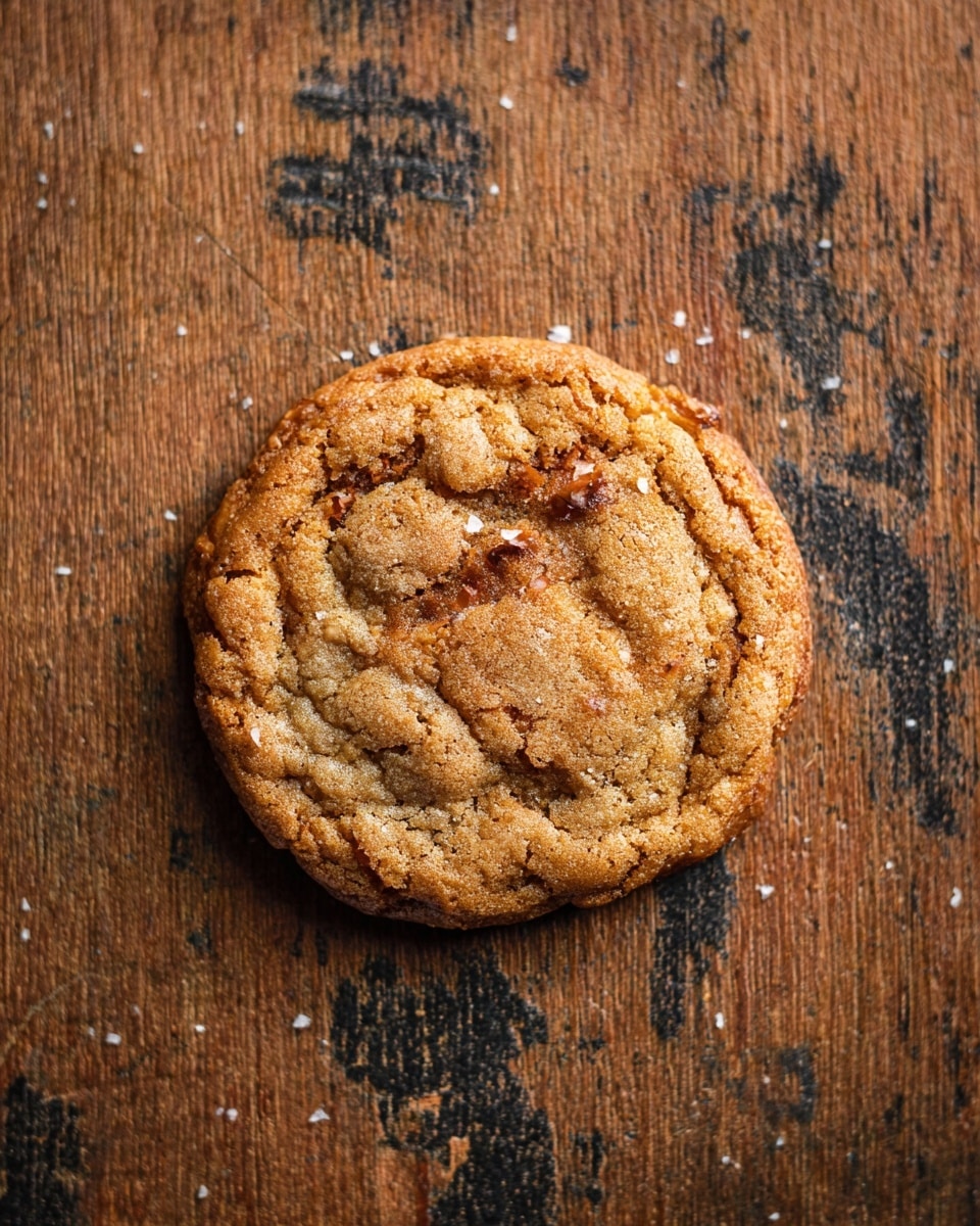 A single round cookie with a cracked, rough top sits alone on a wooden surface with dark marks and small white specks scattered around it. The cookie is golden brown with darker caramelized patches and a slightly bumpy texture, showing a mix of soft and crispy parts. The edges are more browned and slightly raised compared to the middle, giving the cookie a thick, soft look. photo taken with an iphone --ar 4:5 --v 7