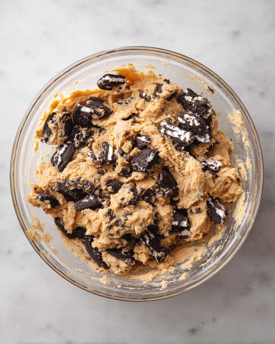 A clear glass bowl sits on a white marbled surface, filled with thick, light brown cookie dough mixed with many small and medium pieces of broken black and white chocolate sandwich cookies. The dough looks soft and slightly sticky, evenly blended with the cookie pieces throughout. The bowl's edges show some dough streaks, suggesting it has been mixed recently. Photo taken with an iphone --ar 4:5 --v 7