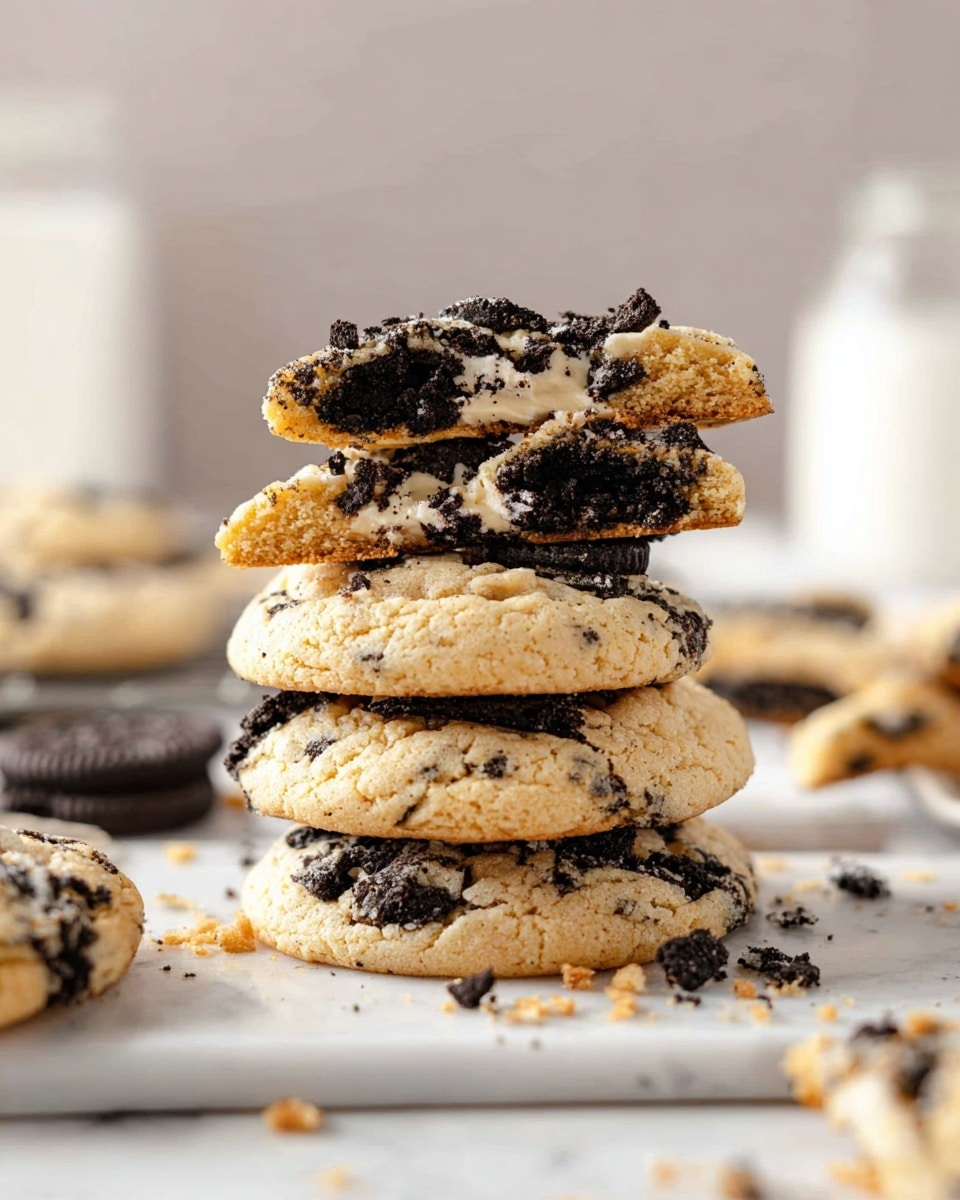 The image shows a stack of four large cookies placed on a white marbled surface. The bottom two cookies are whole with a light golden color, and black cookie pieces are scattered on top and inside. Above them, there are two cookie halves, showing a soft, chewy inside with more black cookie pieces embedded in the light dough. In the background, more cookies lie blurred with white jars, and crumbs are scattered around. The overall look is soft and textured with a contrast between the light dough and the dark cookie chunks. photo taken with an iphone --ar 4:5 --v 7