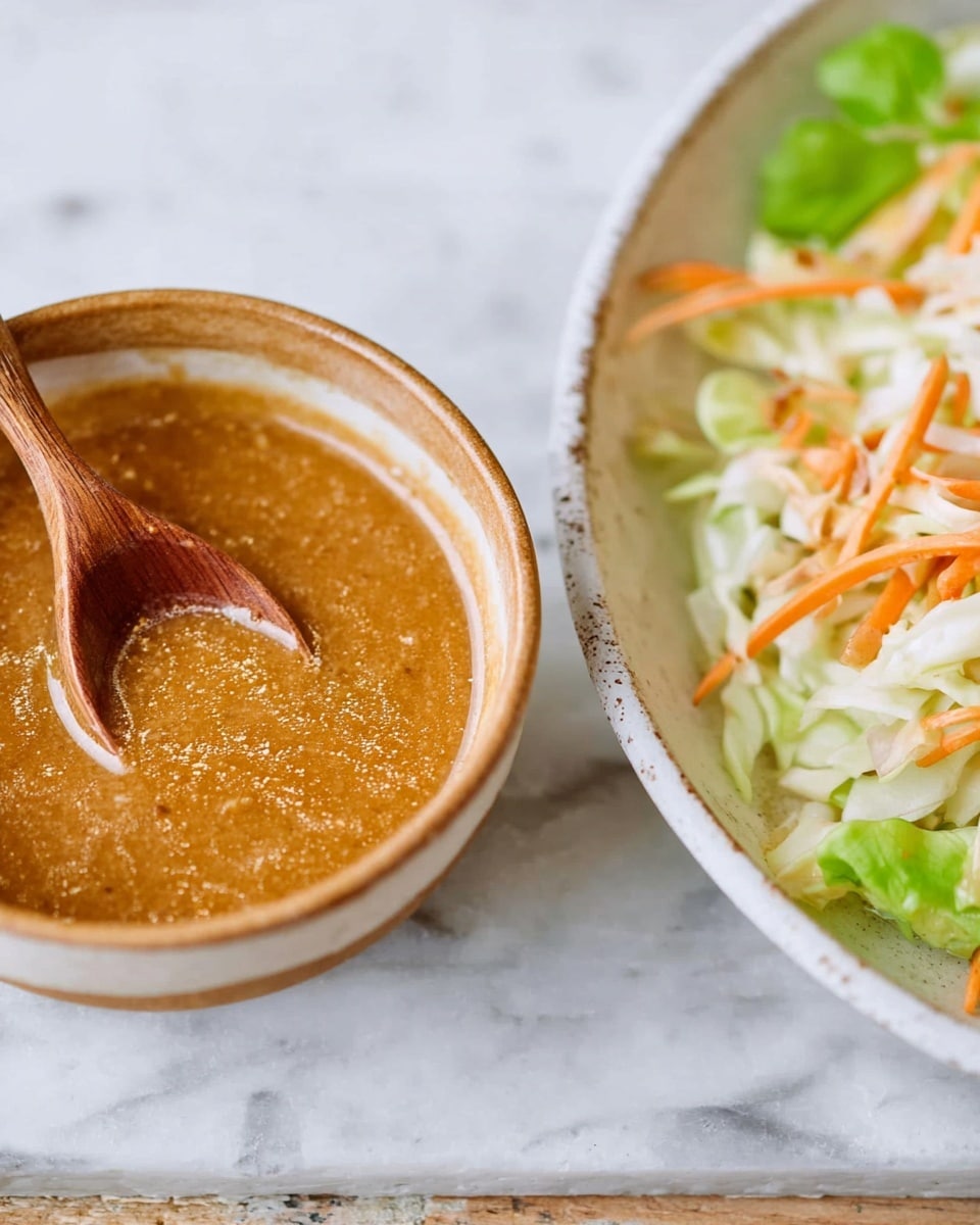 The image shows a small round bowl filled with thick, light brown sauce with a shiny, textured surface, and a wooden spoon resting inside it. Next to the bowl is part of a white shallow dish holding a salad made of thinly sliced cabbage with hints of orange carrot strips, topped with a light brown dressing and small green lettuce leaves on one side. The background is a white marbled surface. photo taken with an iphone --ar 4:5 --v 7