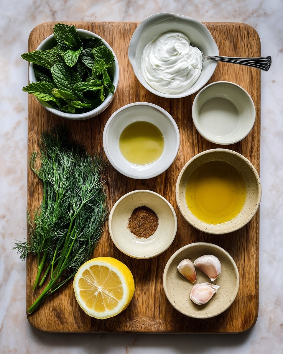 A wooden board holds nine small white and beige bowls arranged neatly. Starting from the top left, there is a white bowl filled with dark green fresh mint leaves, next to it is a white bowl with thick white cream and a metal spoon inside. Below the mint bowl is a small empty white bowl, and in the center a beige bowl with a few drops of light liquid. Below that is a beige speckled bowl holding ground brown spices. Next to it on the right is a white bowl filled with golden olive oil, and below that, a small beige bowl with two peeled garlic cloves. On the bottom left, a wider white bowl holds fresh dark green dill sprigs. Next to the dill is a cut lemon half resting on a small beige plate. The setup sits on a wooden board placed on a white marbled surface. photo taken with an iphone --ar 4:5 --v 7