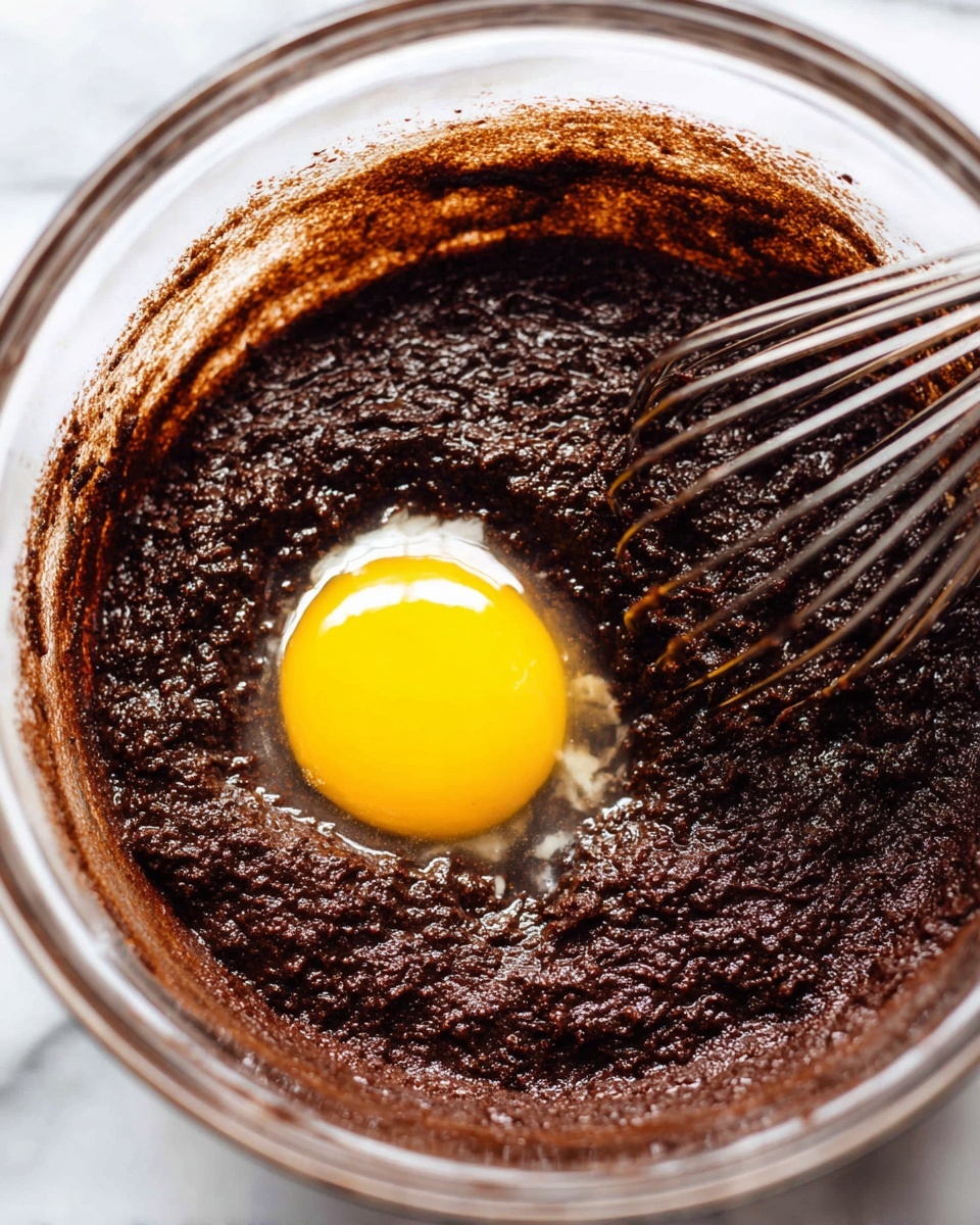 A clear glass bowl sits on a white marbled surface, filled with thick, dark brown chocolate batter that has a rough, textured surface. On top of the batter, slightly off-center to the left, is a bright yellow raw egg yolk with smooth, shiny edges, surrounded by a small amount of clear egg white. On the right side of the bowl, a metal whisk with chocolate batter on its wires rests partially submerged in the batter. Photo taken with an iphone --ar 4:5 --v 7