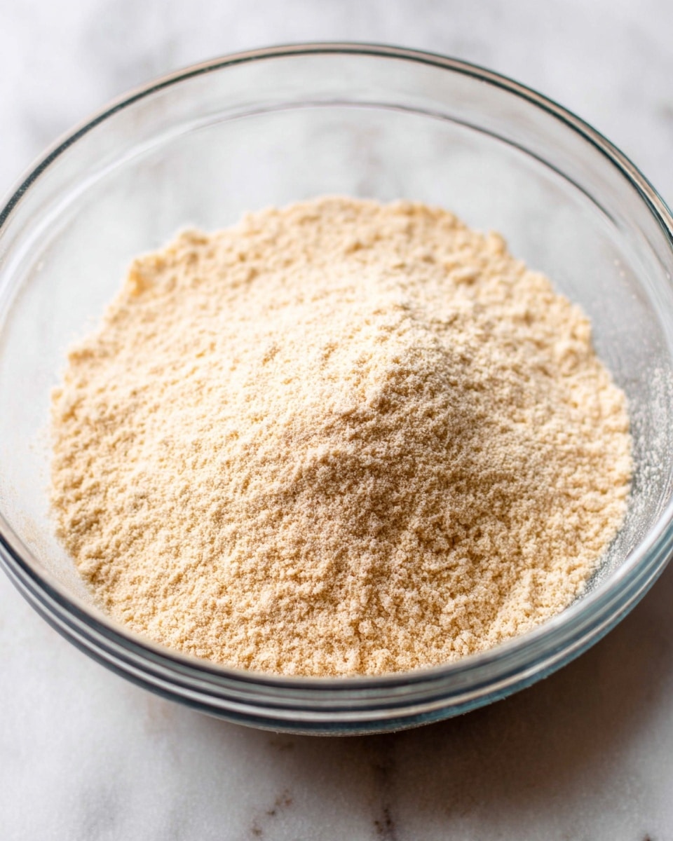 A clear glass bowl filled with a single layer of fine, light beige powder that looks soft and crumbly. The bowl sits on a white marbled surface, and the texture of the powder is evenly spread and smooth on top, forming a small mound in the center. The edges of the bowl are visible with a slight shine, and the background is softly blurred to keep focus on the powder. photo taken with an iphone --ar 4:5 --v 7