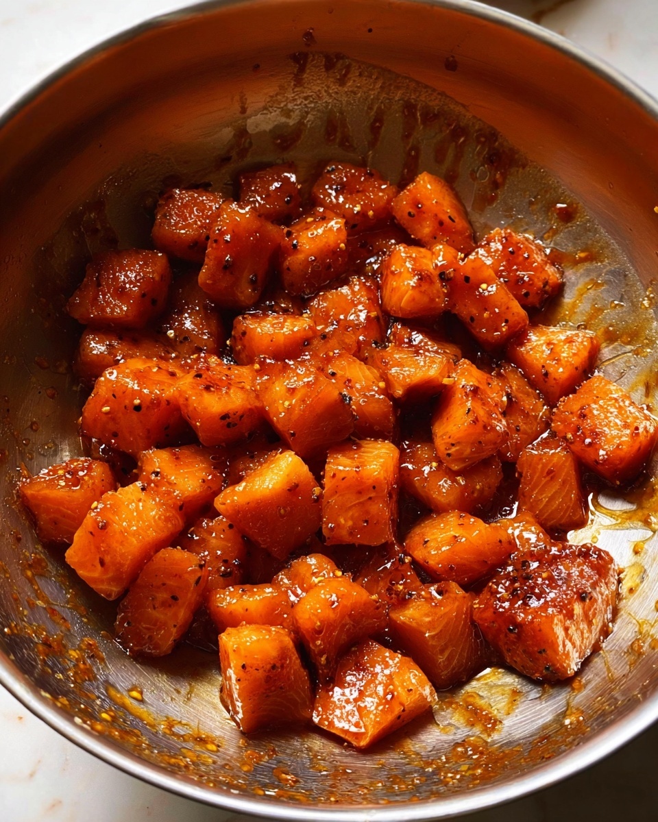 The image shows a close-up of a metal bowl filled with small, evenly cut orange pieces of fish coated in a shiny reddish-brown sauce with visible black pepper specks. The bowl's inside has a light coating of sauce, and the fish pieces are arranged randomly inside. The surface for the bowl is a white marbled texture. photo taken with an iphone --ar 4:5 --v 7