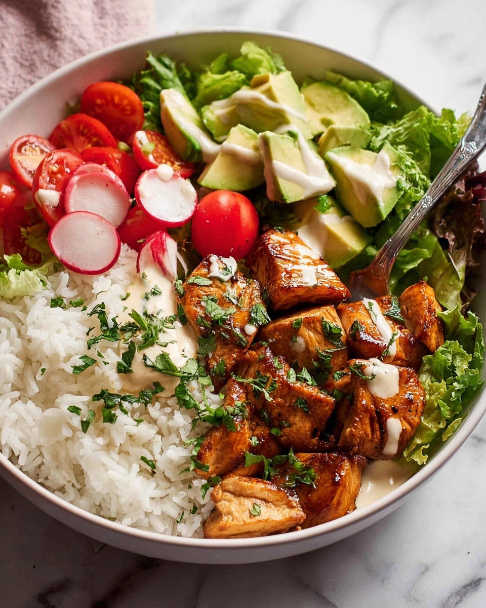 A white bowl filled with a base layer of fluffy white rice. On one side, there are grilled chicken pieces with a shiny, brown glaze and sprinkled with chopped green herbs. Next to the chicken, there are chopped pieces of light green avocado and thin slices of red and white radish. Bright red cherry tomatoes and fresh, leafy green lettuce fill the remaining space in the bowl. A creamy sauce is drizzled lightly over the top. A silver fork is resting inside the bowl, partly submerged in the rice and chicken. The bowl is placed on a white marbled surface. photo taken with an iphone --ar 4:5 --v 7
