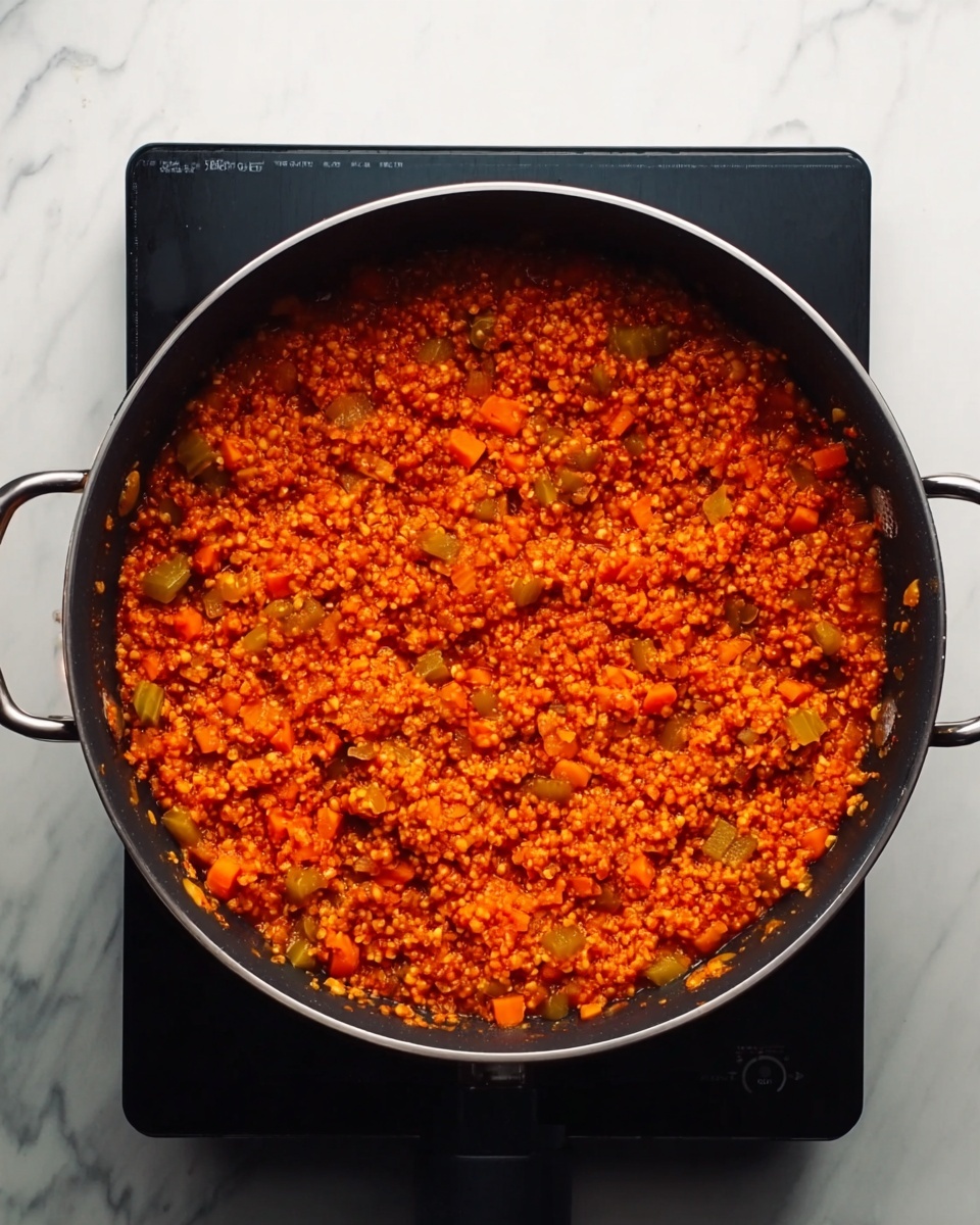 A close-up top view of a large black pan with two handles, filled with a cooked red-orange mixture of small grains and diced vegetables like carrots and celery, sitting on a black electric stove. The background is a white marbled surface. The colors show vibrant orange and green pieces mixed evenly throughout the dish photo taken with an iphone --ar 4:5 --v 7