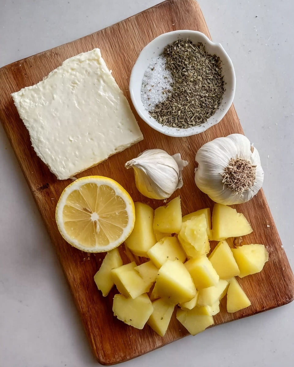 The image shows a wooden board with different ingredients neatly arranged on it. At the top left is a flat piece of white cheese with a smooth, slightly crumbly texture. To the right of the cheese is a small white bowl filled with a mix of dried herbs and coarse salt. Below the bowl is a half lemon, cut horizontally to show the bright yellow inside and textured peel. In the center is a garlic bulb with a few cloves visible, showing rough, papery skin with some darker spots. Below the garlic and lemon are several diced yellow potatoes, arranged in a small pile with smooth edges and a matte finish. The entire setup is on a white marbled texture surface. Photo taken with an iphone --ar 4:5 --v 7