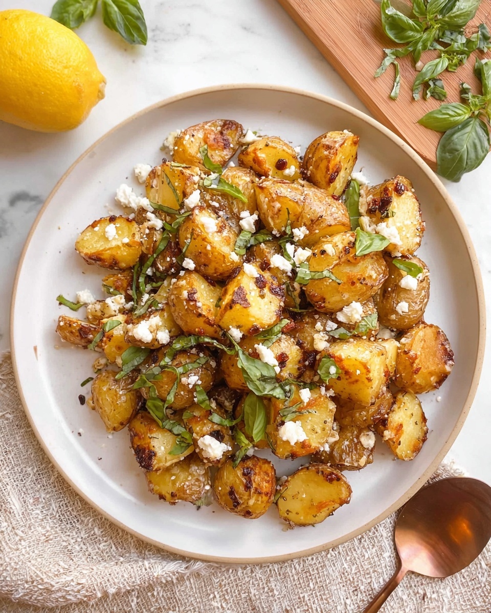 A white plate filled with golden brown roasted potato pieces that have a slightly crispy texture on the edges. The potatoes are mixed with white crumbled cheese and sprinkled with thin strips of fresh green basil leaves on top. The plate sits on a white marbled surface with a beige textured cloth under one side of it, and there is a half lemon, a copper spoon, and some chopped green basil on a wooden cutting board near the plate. photo taken with an iphone --ar 4:5 --v 7