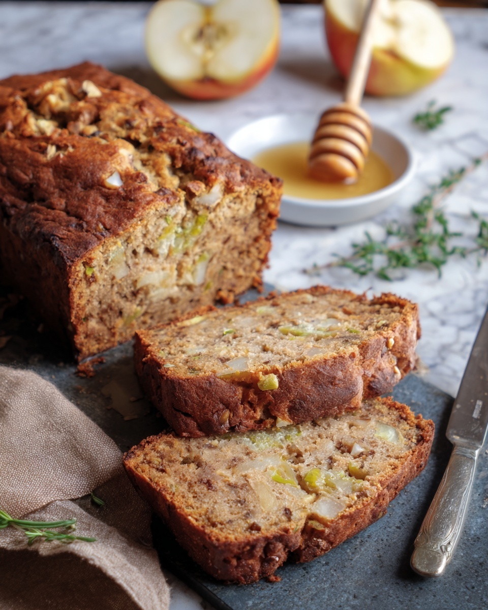 A loaf of brown cake with a golden crust sits on a dark surface, surrounded by two thick slices revealing a dense, moist inside with green and light brown bits that look like nuts and fruit pieces mixed in. Behind the cake, there is a halved apple showing its seeds and a small white bowl with a honey dipper resting inside. A silver knife lies nearby on a piece of brown cloth, and some fresh green herbs are placed casually around the scene. The background is a white marbled texture photo taken with an iphone --ar 4:5 --v 7