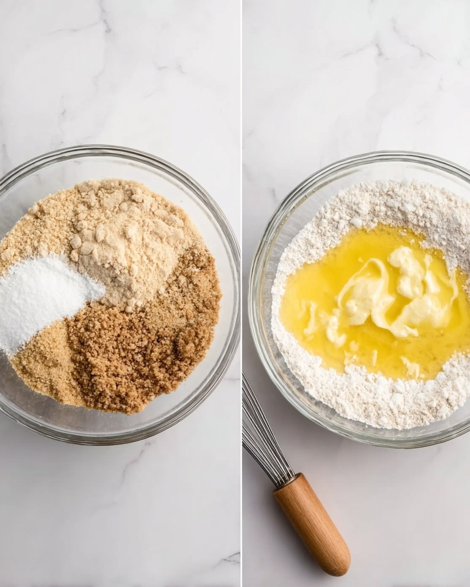 The image shows two clear glass bowls placed side by side on a white marbled surface. The left bowl contains four separate dry ingredients layered next to each other: a light brown crumbly layer on the left, a white powdery layer on the top right, a brown granulated layer on the bottom left, and a white sugar-like powder on the bottom right. To the right, another identical clear glass bowl holds a mixture of dry ingredients topped with a melted yellow butter layer covering most of the surface unevenly. A whisk with a wooden handle lies diagonally on the white marbled background just below the bowls. Photo taken with an iphone --ar 4:5 --v 7