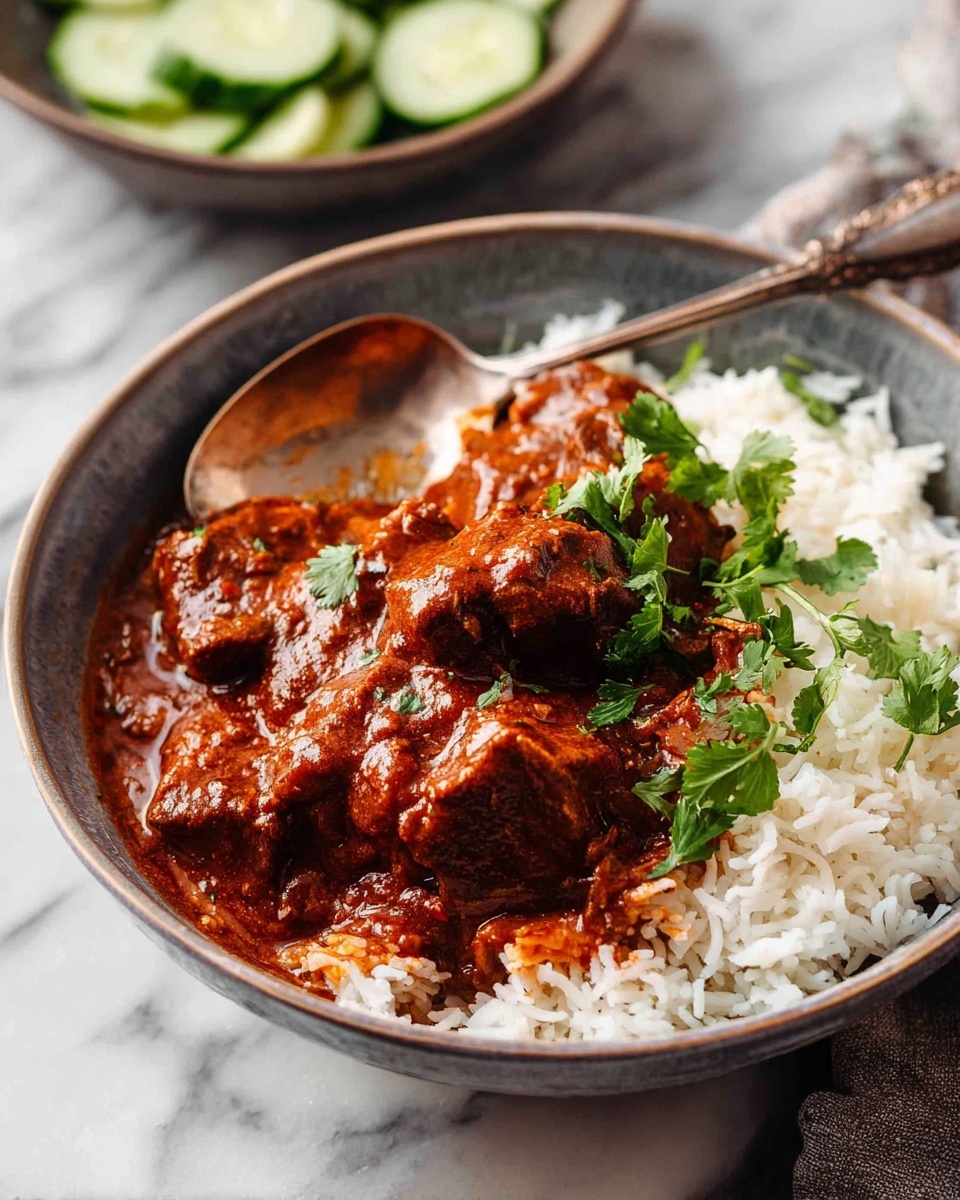 A deep bowl holds a base layer of fluffy white rice with distinct grains, topped with thick, rich reddish-brown sauce covering pieces of tender meat. Small green herb leaves, likely cilantro, are sprinkled on the sauce, adding a fresh contrast. A silver spoon rests in the bowl, partially underneath the sauce and rice. The bowl sits on a white marbled surface, with another bowl containing light green and white cucumber slices blurred in the background. Photo taken with an iphone --ar 4:5 --v 7