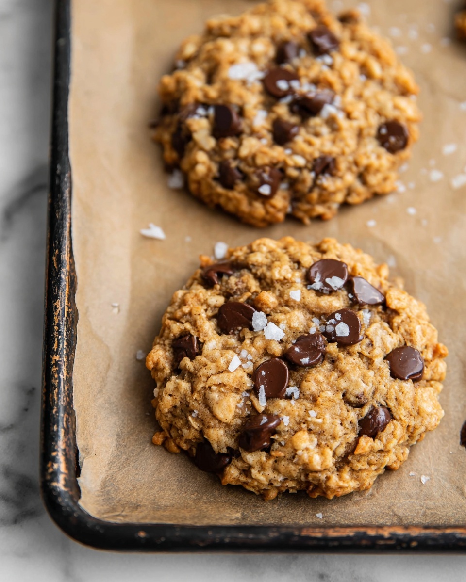 Two thick oatmeal chocolate chip cookies sit on a baking sheet lined with light brown parchment paper. The cookies are golden brown with a rough, chunky texture showing visible oats and many dark brown chocolate chips scattered unevenly on top and inside. Small white salt flakes are lightly sprinkled on the cookies and the parchment paper. The baking sheet has a worn black edge, and the background is a white marbled surface. photo taken with an iphone --ar 4:5 --v 7