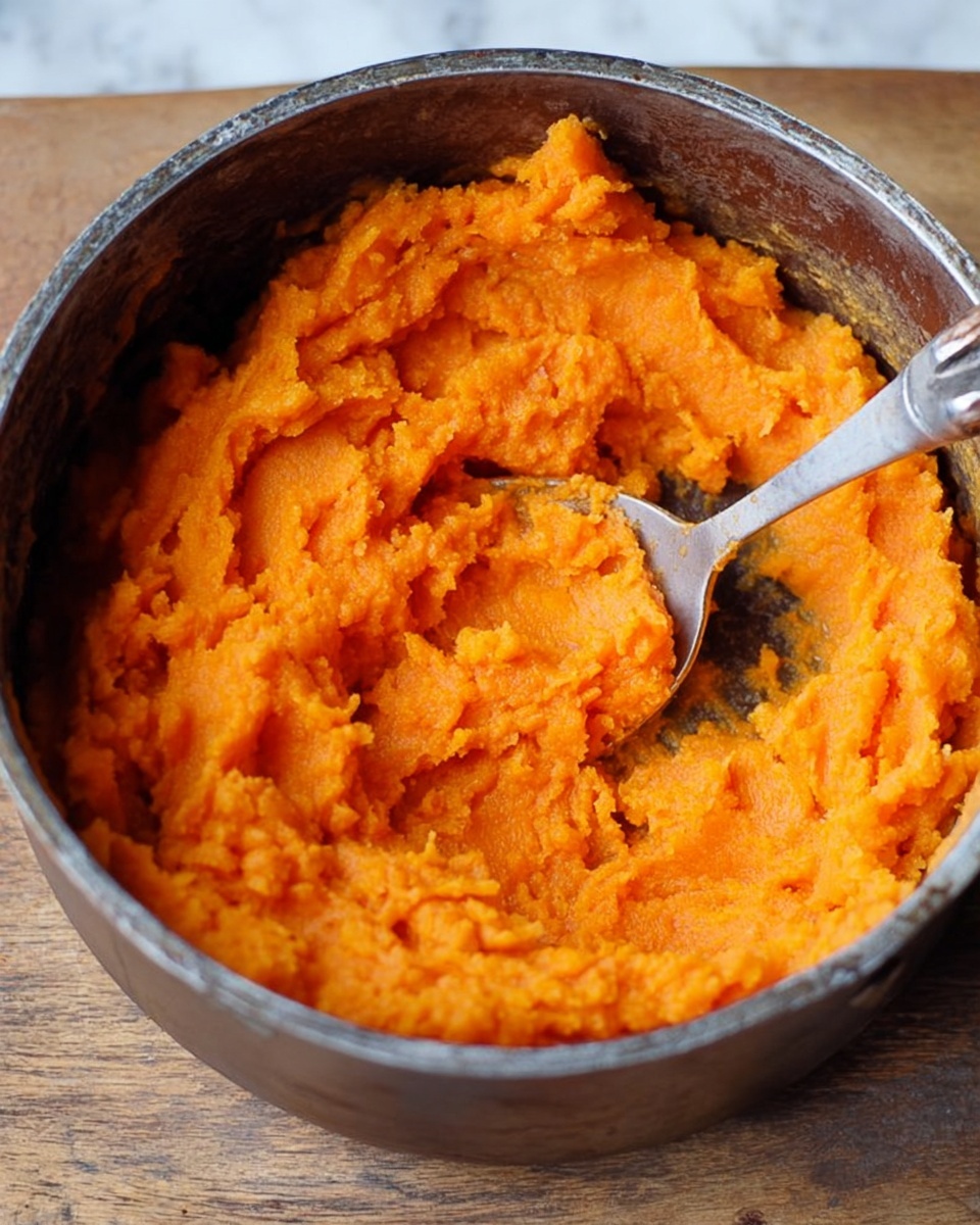 A close-up view of a dark metal pot filled with bright orange mashed sweet potatoes, showing a slightly chunky texture. A metal spoon is inside the pot, partially covered by the mashed sweet potatoes, with its handle extending out of the pot. The pot sits on a wooden surface, but for the description's purpose, imagine the surface as white marbled texture. The mashed sweet potatoes fill the pot almost to the top, with visible ridges and smaller lumps creating an uneven but thick layer. Photo taken with an iphone --ar 4:5 --v 7