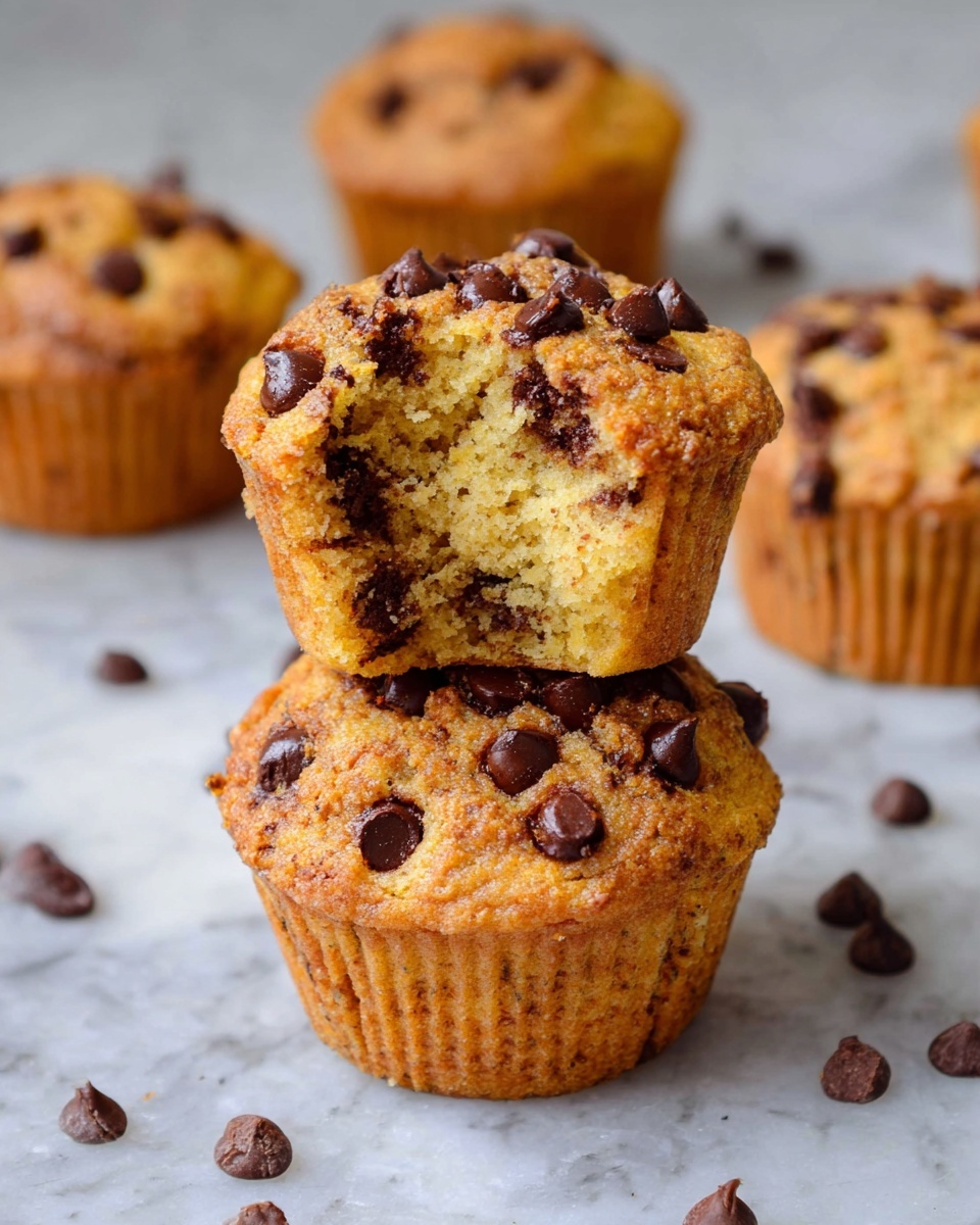 The image shows two golden brown muffins stacked, with the top one having a bite taken out, revealing a soft, crumbly texture with dark chocolate chips inside. The muffins have a rough, uneven top sprinkled with more chocolate chips that look slightly melted. Around them are additional muffins, slightly out of focus, all with the same textured tops and scattered chocolate chips on a white marbled surface. Chocolate chips are also scattered loosely on the surface around the muffins. photo taken with an iphone --ar 4:5 --v 7