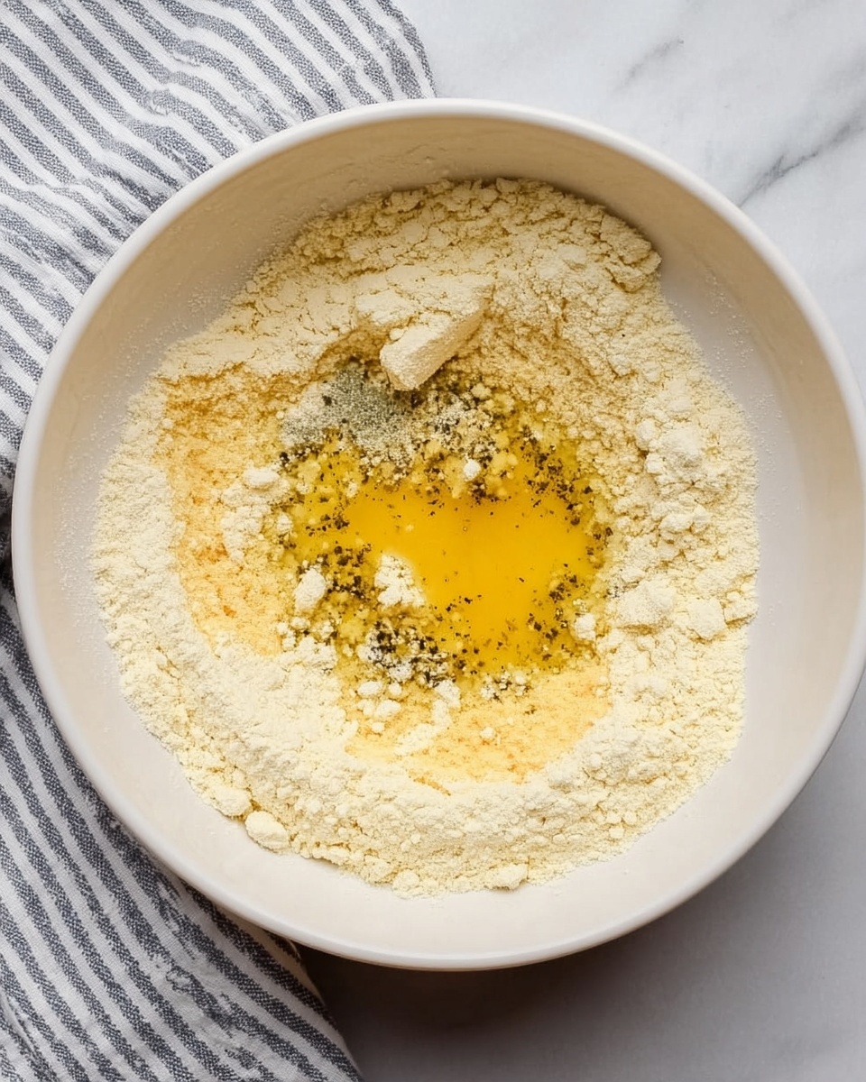A white bowl sits on a white marbled surface, filled with a layer of pale yellow flour. In the center, there is a small pool of golden yellow liquid, likely oil or melted butter, surrounded by some darker specks of seasoning. The texture of the flour looks fine and powdery, with some small lumps near the edge. A striped cloth is partially visible in the upper left corner. photo taken with an iphone --ar 4:5 --v 7