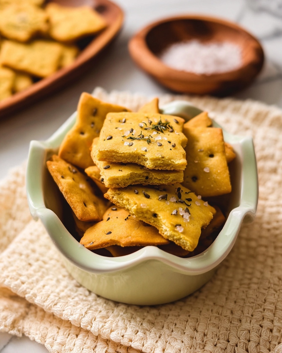 A small white bowl filled with golden brown square-shaped crackers with rounded edges, some sprinkled with black seeds and flaky salt. Two crackers rest on the edge of the bowl, stacked to show the light yellow, crumbly inside texture. The bowl sits on a cream-colored woven mat on a white marbled surface, with blurred crackers and a wooden dish with white salt in the background, creating a warm and cozy scene. Photo taken with an iphone --ar 4:5 --v 7