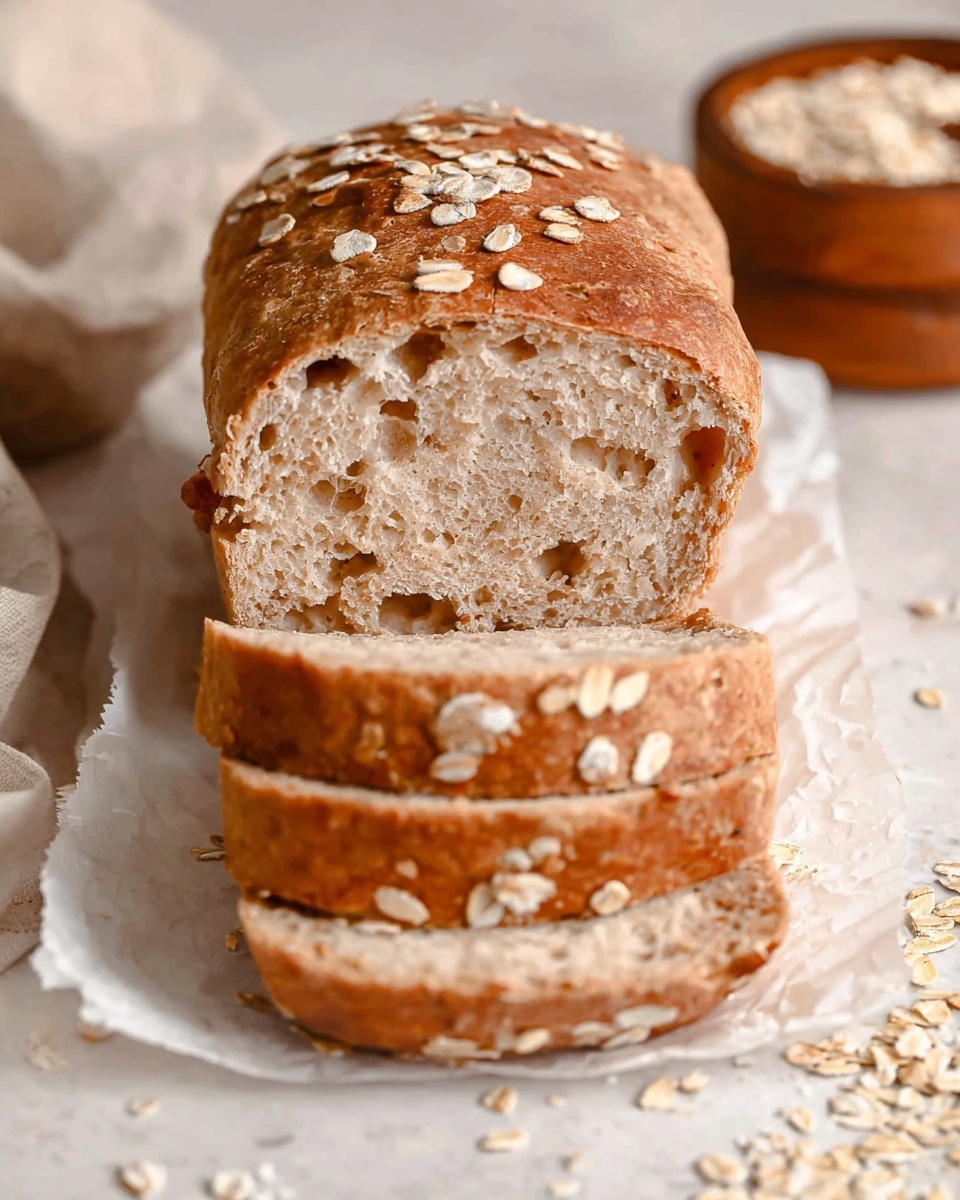 A loaf of oat bread is shown with two slices cut from it, all placed on white parchment paper. The top layer of the bread is golden brown with a texture that looks soft and airy inside, dotted with holes, and topped with whole oats scattered over the crust. The loaf rests on a white marbled surface with some loose oats sprinkled around it. In the background, a wooden bowl filled with oats adds depth to the image. photo taken with an iphone --ar 4:5 --v 7