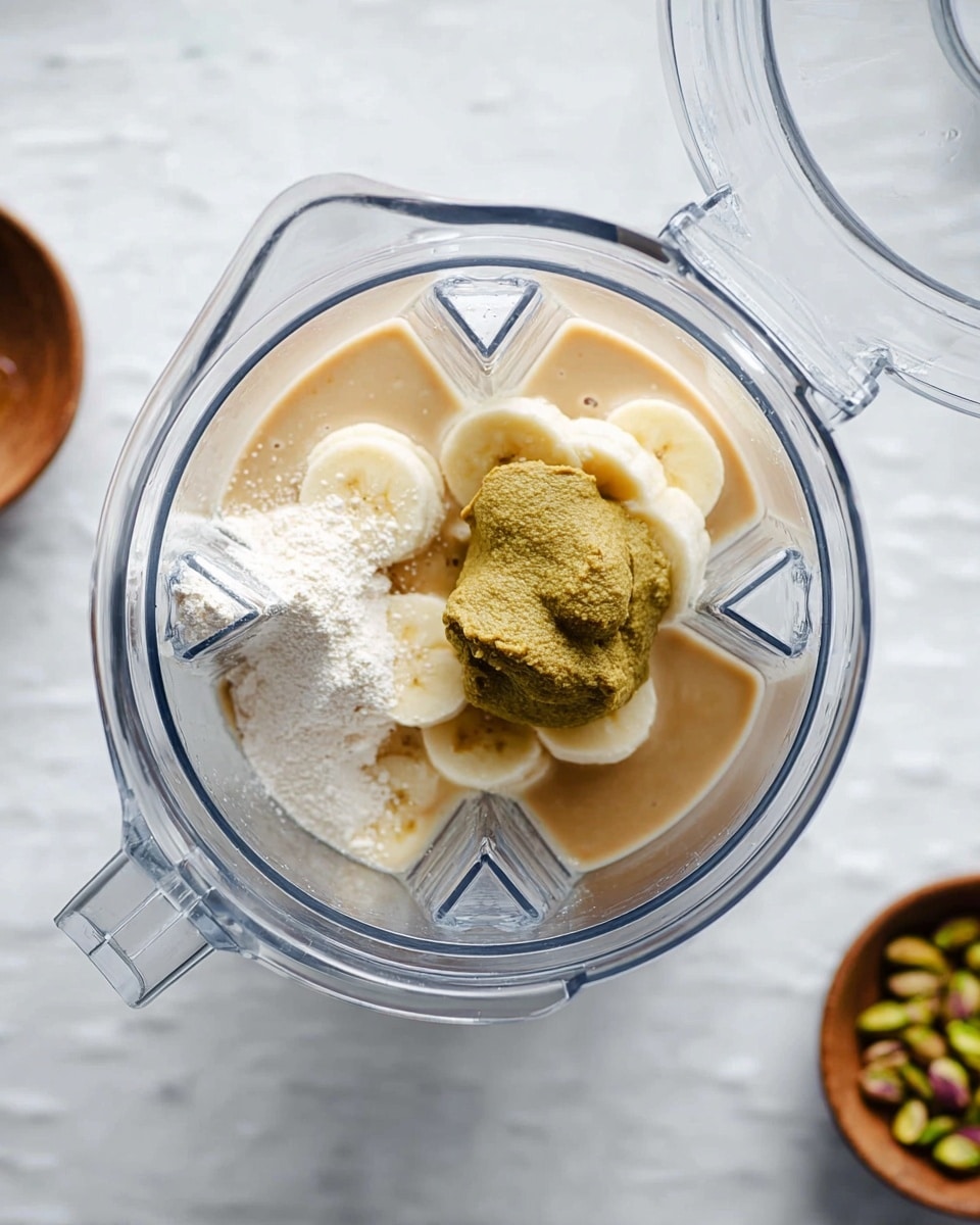 Inside a clear blender jar, there are several layers of ingredients: at the bottom, sliced banana pieces in light yellow color, covered partially by a smooth, light brown liquid. On top of the bananas and liquid, there is a heaping spoonful of greenish-brown thick paste, and sprinkled around it is a layer of fine white powder. The blender jar sits on a white marbled surface, with a small bowl of green pistachios nearby. In the upper right corner, a clear glass lid for the blender rests on the surface. The photo taken with an iphone --ar 4:5 --v 7