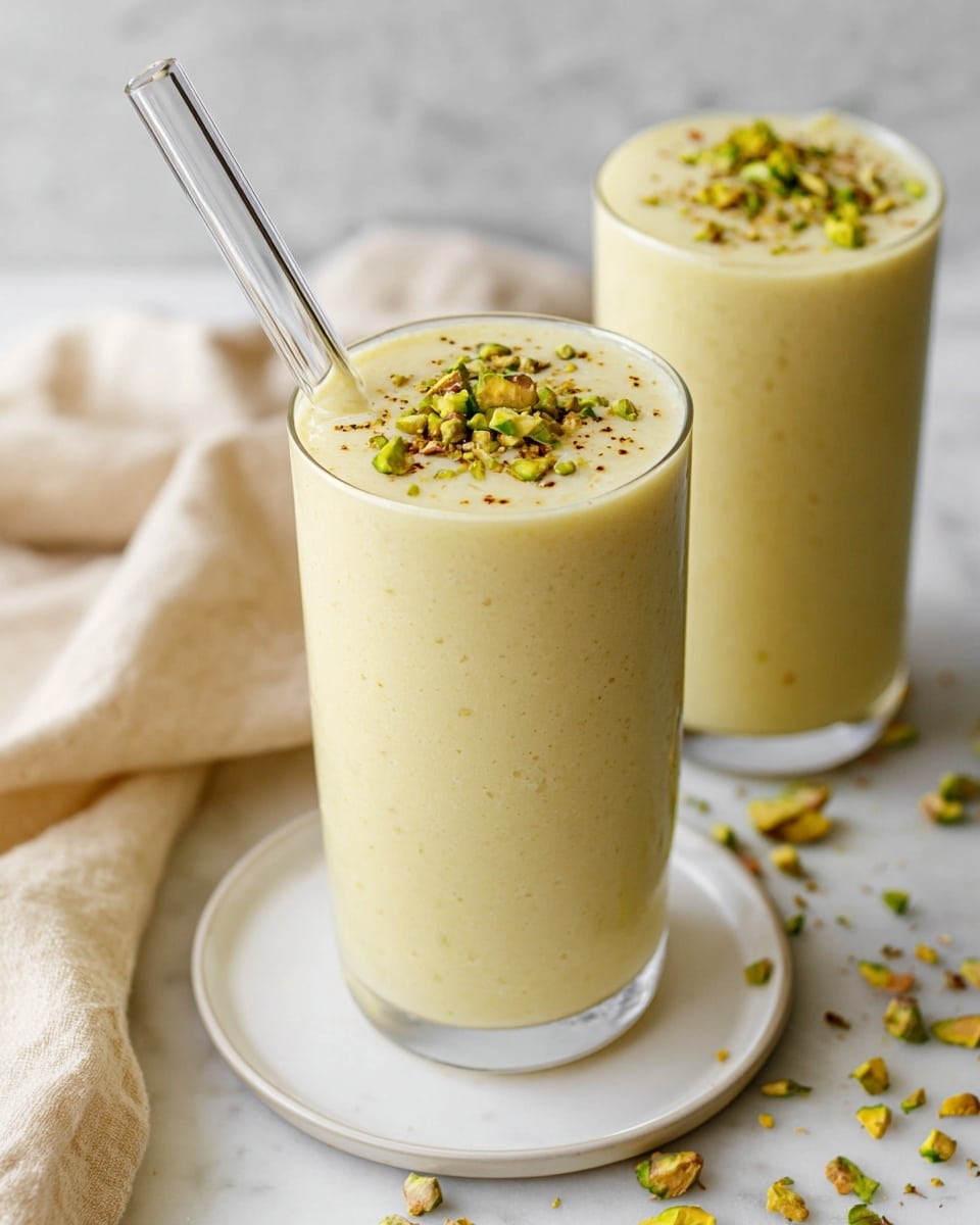 Two tall clear glasses filled with a creamy pale yellow smoothie topped with small green chopped pistachios and a touch of brown specks. The glass in front has a clear glass straw leaning diagonally to the left. The smoothie surface looks smooth and thick. The glasses sit on a round white plate on a white marbled surface with scattered pistachio pieces around. In the background, there is a soft beige cloth that is slightly out of focus. photo taken with an iphone --ar 4:5 --v 7