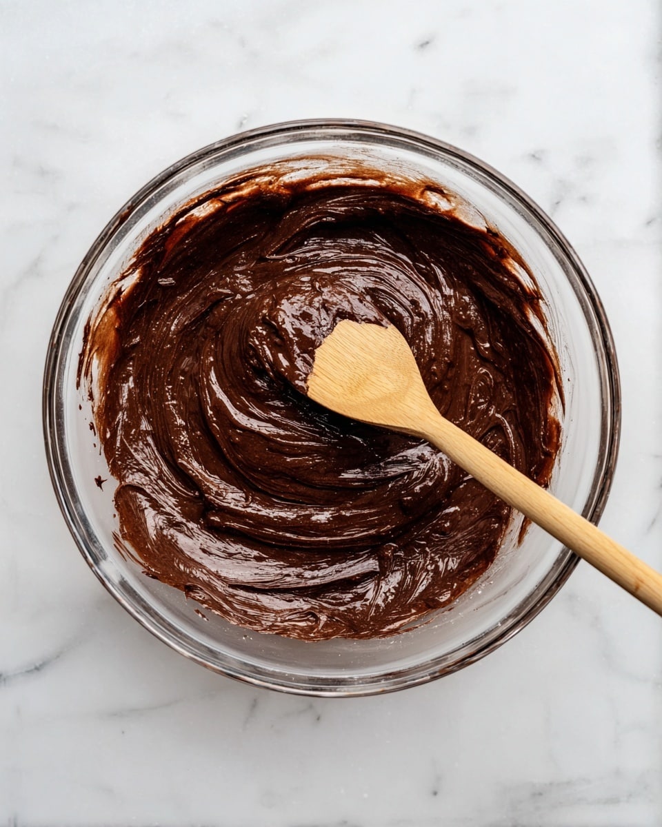 A clear glass bowl sits on a white marbled surface, filled with thick, dark brown chocolate batter that has a smooth and shiny texture with visible swirls from mixing. A wooden spoon rests inside the bowl, partially coated with the glossy batter, showing a natural light brown color and wood grain. Photo taken with an iphone --ar 4:5 --v 7