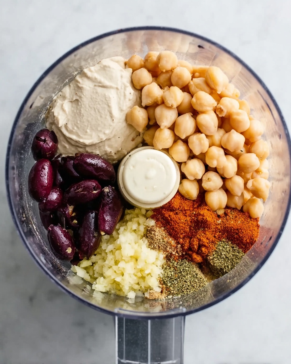 A close-up view of a transparent food processor bowl showing separate ingredients placed inside. The bowl contains pale beige chickpeas on the top right, smooth off-white tahini sauce on the top left, dark purple sliced olives on the bottom left, finely minced light yellow garlic on the bottom center, and a mix of colorful spices including orange, brown, and green powders on the right side. The food processor is on a white marbled surface. photo taken with an iphone --ar 4:5 --v 7