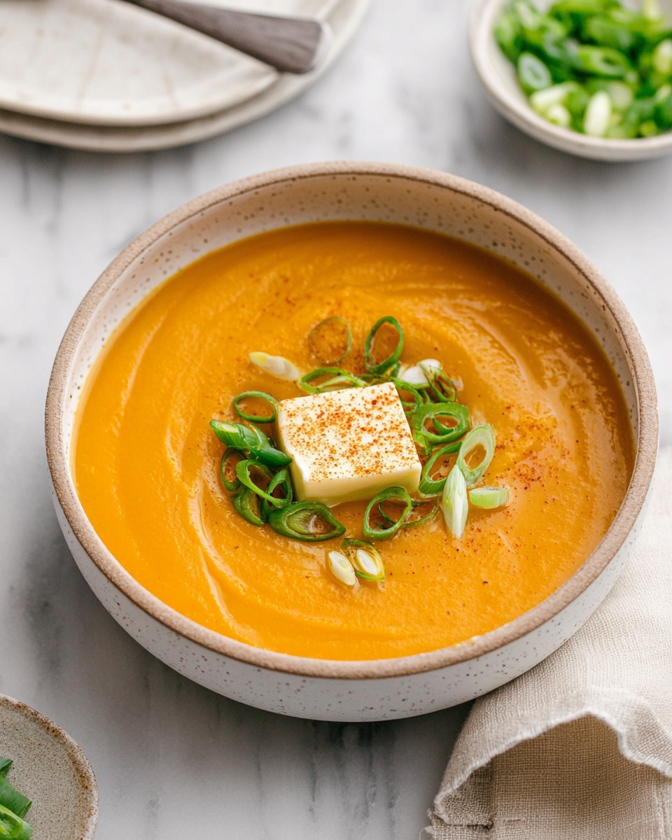 A bowl holds a thick, smooth orange soup with a creamy texture. On top, in the center, there is a small square of softened butter lightly dusted with reddish seasoning. Thin slices of fresh green onions are scattered over the butter and the soup’s surface. The bowl is white with a speckled light brown rim. The scene is set on a white marbled surface with a blurred bowl of chopped green onions and a white plate with a beige napkin visible in the background. photo taken with an iphone --ar 4:5 --v 7