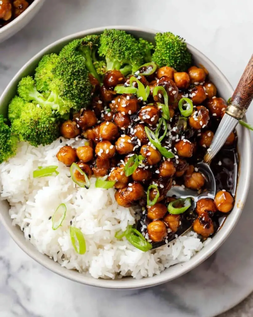 Sticky Sesame Chickpeas with Broccoli and Rice Recipe