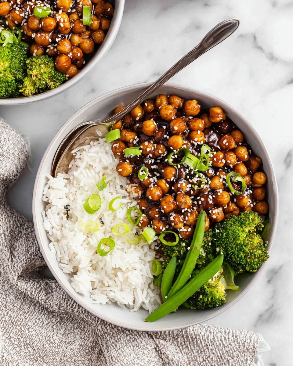 The dish is served in a white bowl with a spoon resting on the edge. Inside, there are three layers: the left half is filled with fluffy white rice, the top right section contains small round chickpeas coated in a shiny dark brown sauce and sprinkled with white sesame seeds and thinly sliced green onions, and the bottom right corner has bright green broccoli florets and green beans. The bowl sits on a white marbled surface next to a textured light gray cloth. A second similar bowl, partially visible, appears in the top left corner with just the chickpeas and green onions. photo taken with an iphone --ar 4:5 --v 7