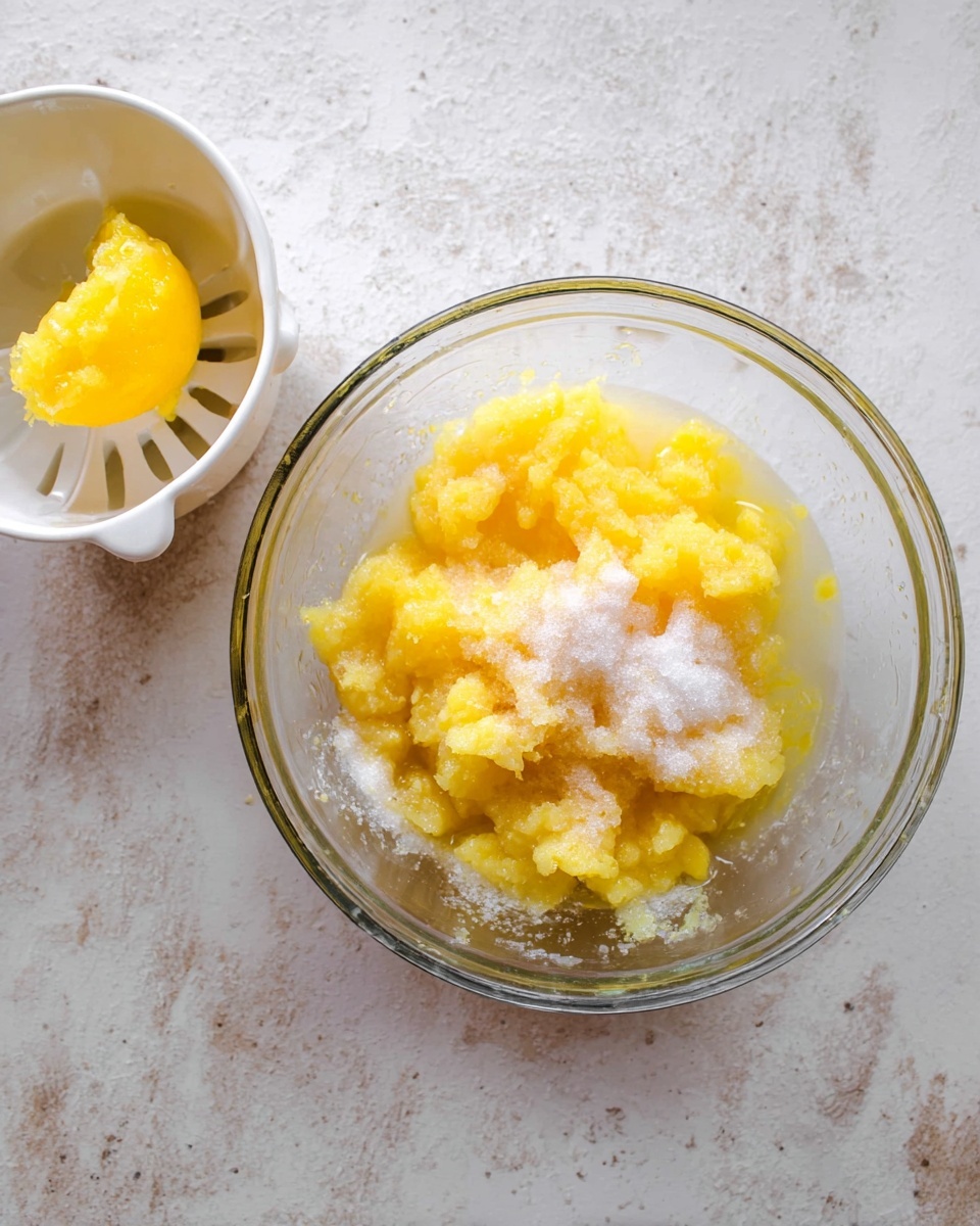 A clear glass bowl holds mashed yellow fruit mixed with white granulated sugar, with the sugar partly dissolving and creating a wet texture around the fruit. The bowl sits on a white marbled surface. To the left of the bowl, there is a white juicer with a hollowed-out yellow fruit shell placed on it. photo taken with an iphone --ar 4:5 --v 7