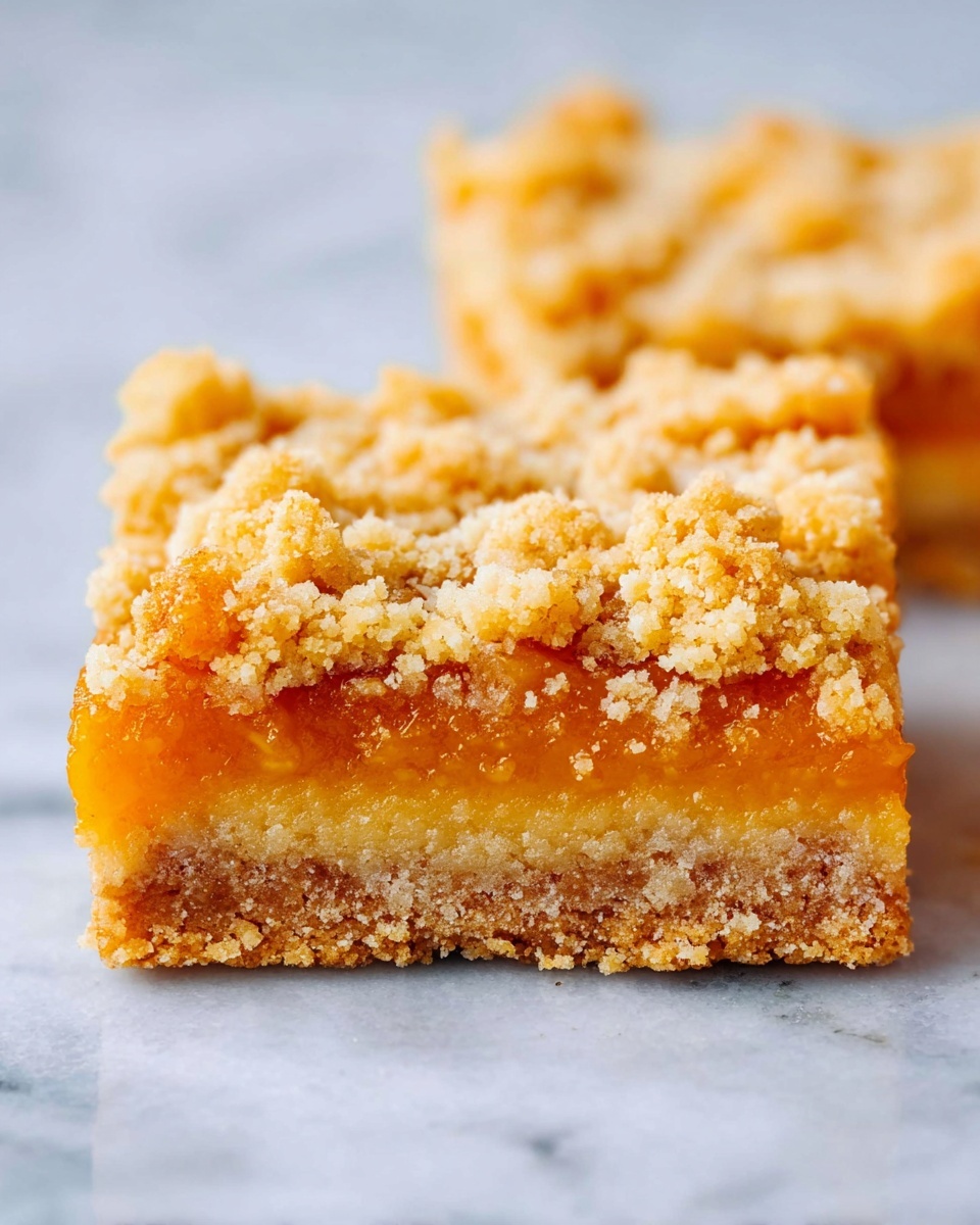 This image shows a close-up of a square dessert bar with three layers. The bottom layer is a firm, crumbly crust that is light brown in color. The middle layer is a smooth, bright orange filling that looks soft and thick. The top layer is a crumbly mixture, golden brown with small clumps and a rough texture, giving it a crunchy look. The dessert bar is set on a white marbled surface. photo taken with an iphone --ar 4:5 --v 7