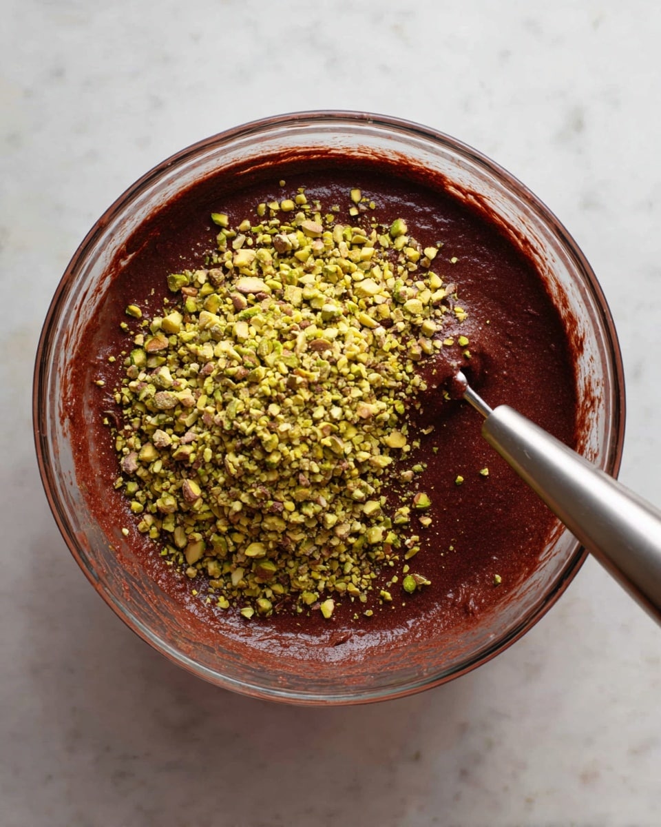 A clear glass bowl filled with deep red chocolate batter occupies the center, topped with a generous pile of finely chopped green pistachios in the middle. A metal spatula with a smooth, cylindrical handle rests inside the bowl on the right side, partially submerged in the thick batter. The bowl sits on a white marbled surface, creating a clean and bright background that contrasts with the rich colors of the ingredients. Photo taken with an iphone --ar 4:5 --v 7