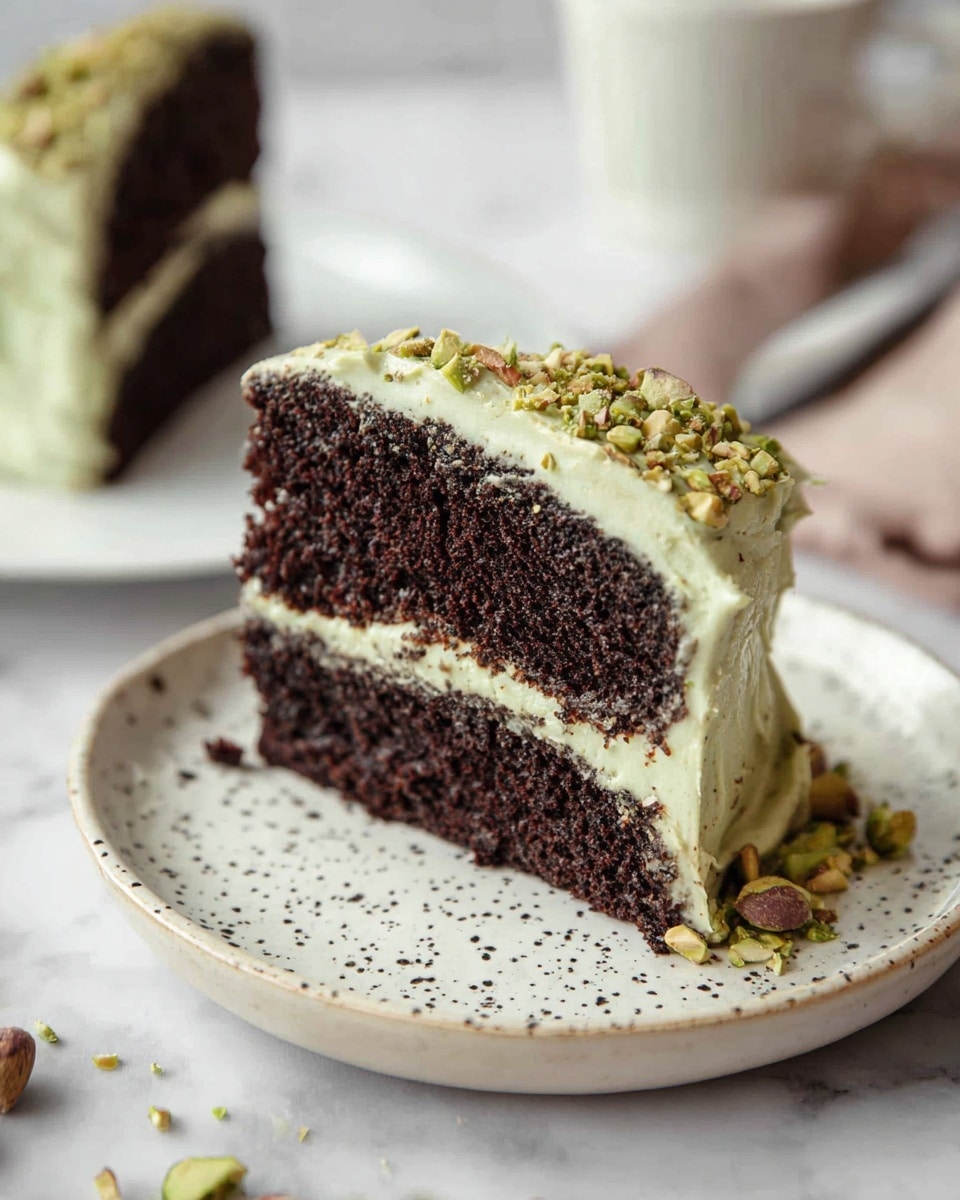A slice of two-layer dark chocolate cake with a thick, creamy light green frosting between the layers and all around the outside. The frosting is textured with small pieces of crushed pistachio nuts decorating the sides. The cake sits on a white plate with black speckles, placed on a white marbled surface. In the background, there is another similar cake slice and blurred objects adding depth. Photo taken with an iphone --ar 4:5 --v 7