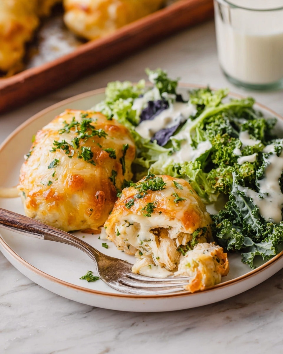 On a white plate, there are two golden brown stuffed rolls with melted cheese on top, sprinkled with finely chopped green herbs; one roll is partially cut with a piece on a fork showing a light textured filling inside. Next to the rolls is a fresh green salad mix with kale and cabbage, drizzled with a creamy dressing. The plate sits on a white marbled surface, with a glass of milk in the background. Photo taken with an iphone --ar 4:5 --v 7
