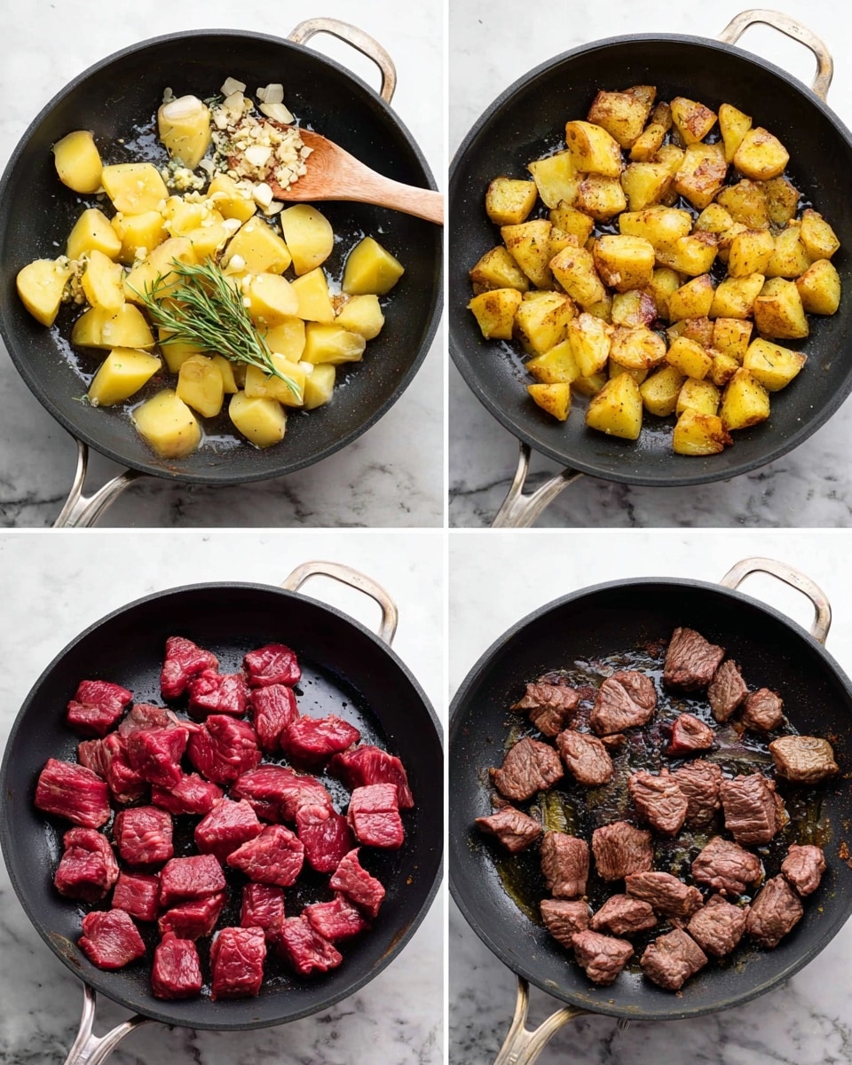 The image shows four steps of cooking in a black pan over a white marbled surface. The top left section shows peeled yellow potato chunks with dry herbs and garlic placed on top, along with a wooden spoon resting inside the pan. The top right section displays the same potato chunks cooked to a golden brown, with a crispy texture visible on their surfaces. The bottom left section shows raw red meat cubes spread evenly on the pan floor, glistening with some oil. The bottom right section presents the meat cubes browned on the outside, looking juicy and cooked through. Photo taken with an iphone --ar 4:5 --v 7