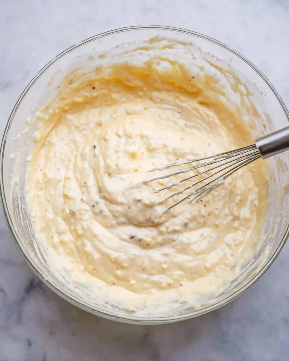 The image shows a clear glass bowl on a white marbled surface filled with a thick, creamy mixture that is pale yellow with small bits of darker ingredients scattered through it. A metal whisk is partially submerged in the mixture, positioned slightly to the right side, with some mixture clinging to it. The edges of the bowl have some soft streaks of the mixture, indicating it has been recently stirred. The overall texture looks smooth with small lumps, and the lighting is soft, highlighting the glossiness of the creamy content. photo taken with an iphone --ar 4:5 --v 7