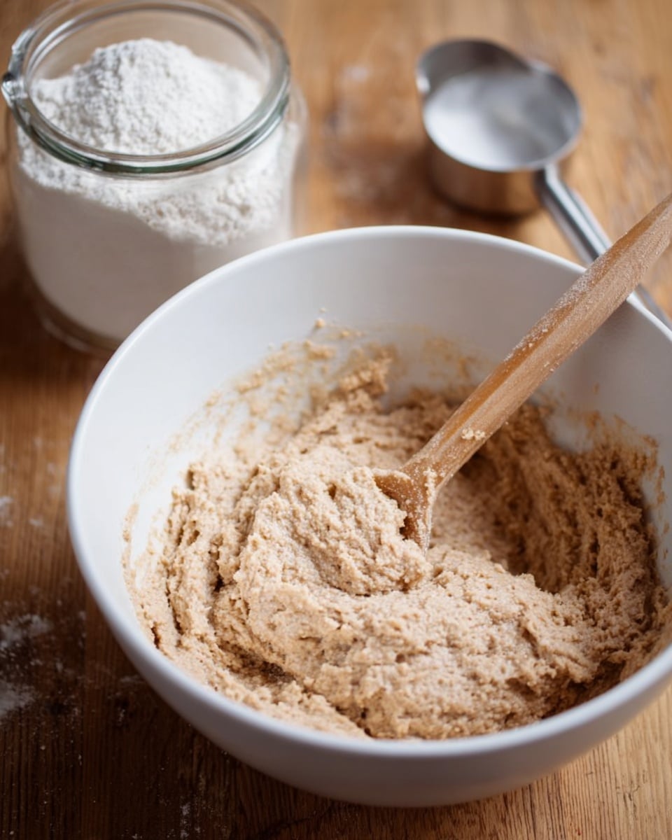 A white mixing bowl filled with thick, light brown dough with a coarse texture, being stirred by a wooden spoon with a smooth, rounded handle positioned inside the bowl on the right side. To the left of the bowl, a glass jar filled with white flour and a stainless steel measuring cup rest on a wooden surface. The background shows part of the wooden surface blurred softly. photo taken with an iphone --ar 4:5 --v 7