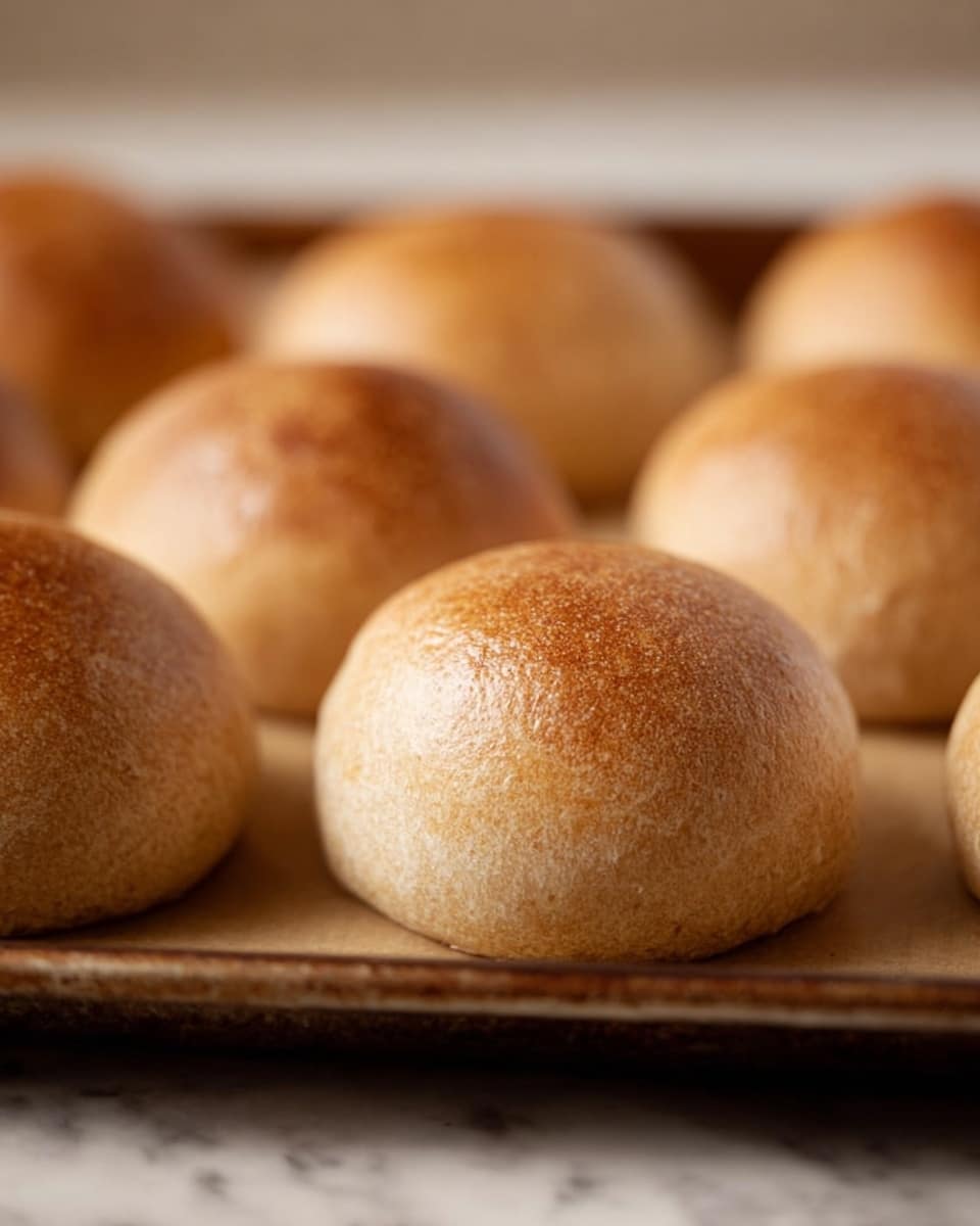 The image shows multiple round bread rolls with a light brown, slightly shiny crust on a baking sheet. The rolls have a smooth but slightly textured surface and are arranged close together in rows. The background is soft and blurred, keeping the focus on the front rolls. The baking sheet rests on a white marbled surface. photo taken with an iphone --ar 4:5 --v 7