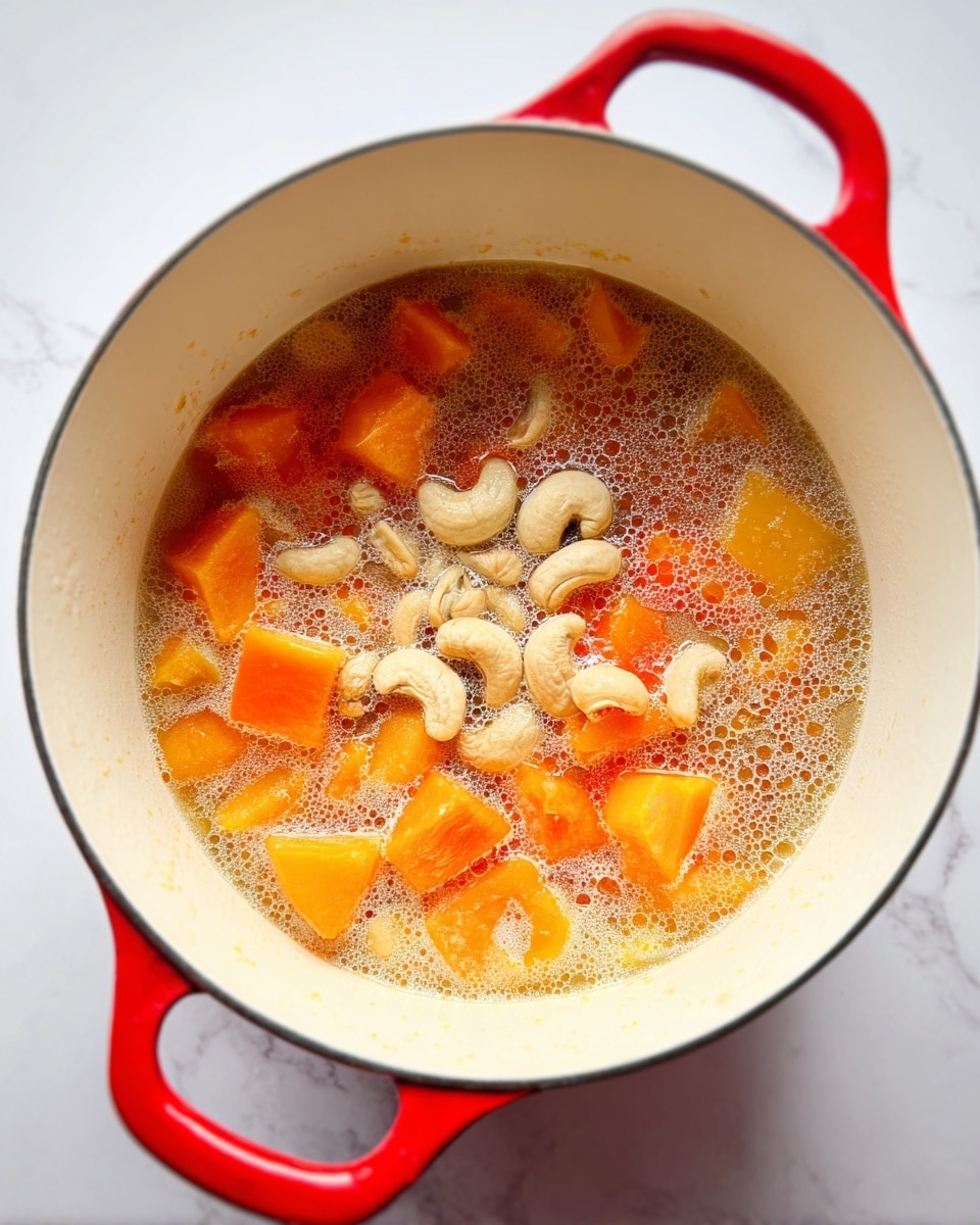 A white enameled pot with a red handle contains a clear broth filled with orange chunks of squash and whole pale cashew nuts floating on top, with small bubbles of oil scattered across the surface, all sitting on a white marbled background photo taken with an iphone --ar 4:5 --v 7