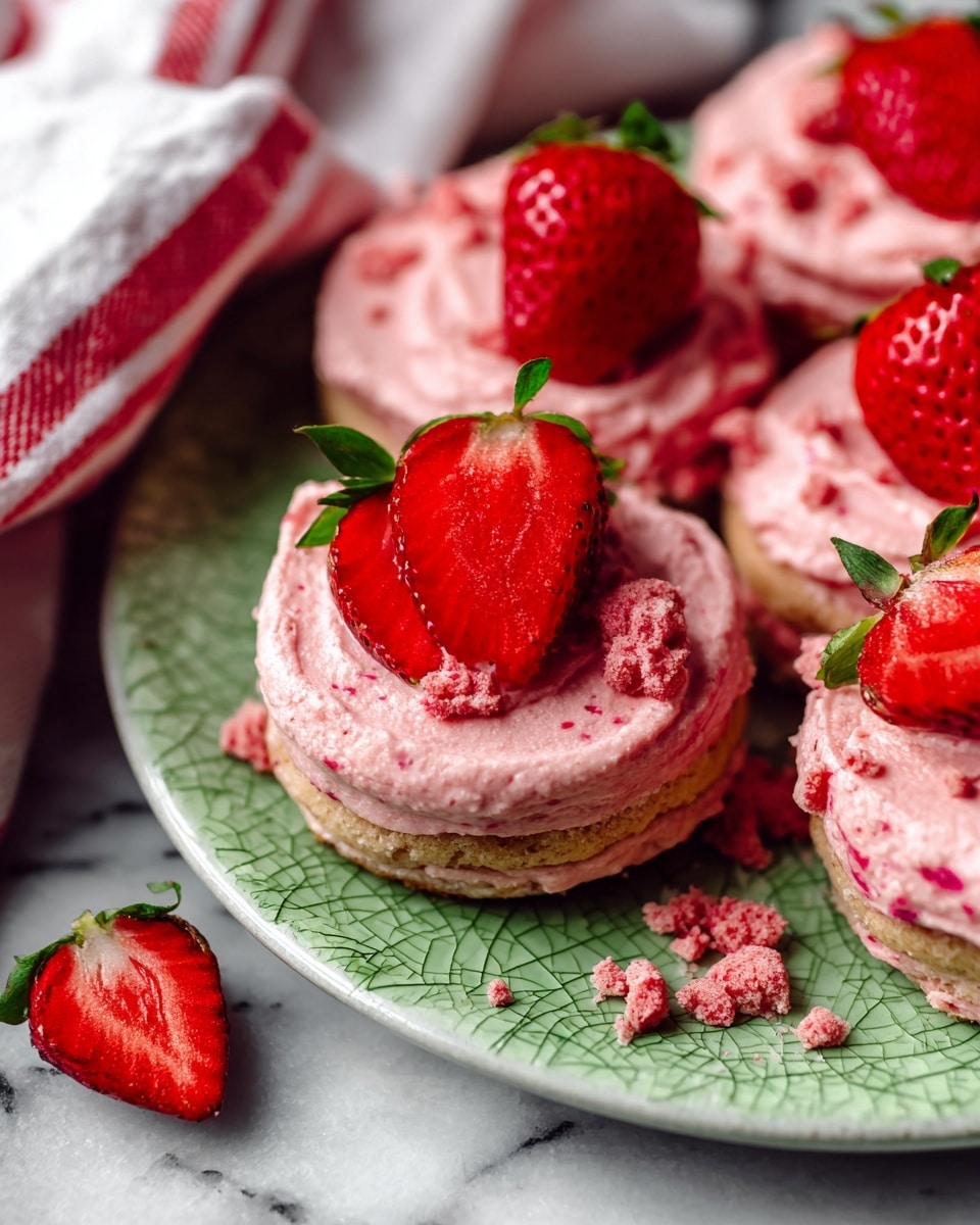 A close-up view of several small round cakes on a white plate with a green crackled texture. Each cake has two layers: a light brown bottom sponge layer and a thick layer of pink frosting with speckles of darker red, spread unevenly on top. Each cake is topped with a fresh red strawberry slice, some with whole strawberries beside them. Crumbled pieces of pink topping are scattered on the frosting and around the cakes on the plate. A white cloth with red stripes is seen folded in the top left corner, all set on a white marbled surface. Photo taken with an iphone --ar 4:5 --v 7