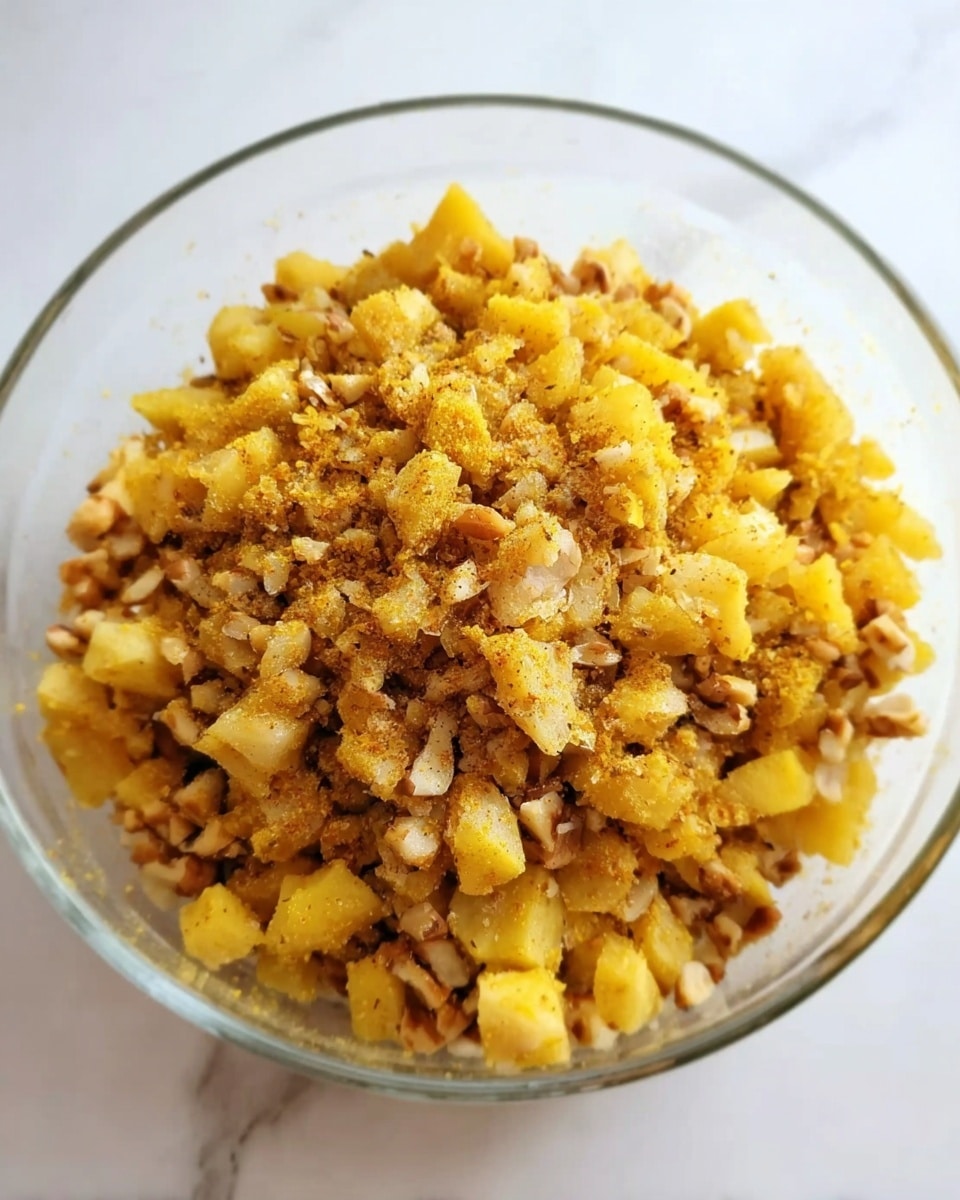 The image shows a clear glass bowl filled with a mixture of small, diced yellow cubes and chopped nuts, all coated with a light, golden seasoning. The small cubes look soft and juicy, layered evenly with the crunchy nuts that add texture. The bowl is placed on a white marbled surface, giving the scene a clean and bright look. photo taken with an iphone --ar 4:5 --v 7