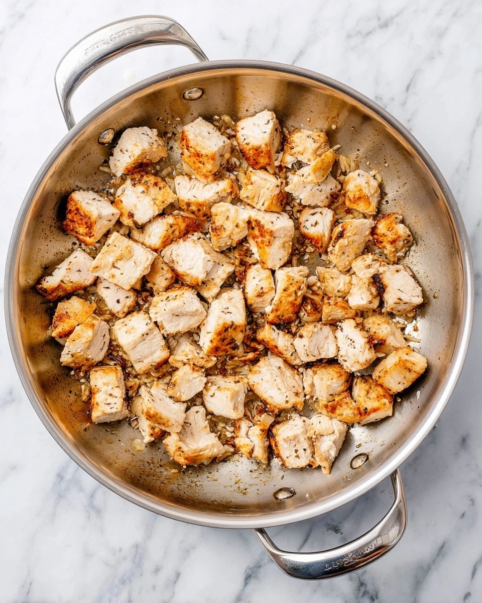 The image shows a silver metal pan filled with many small pieces of cooked white meat that have a golden-brown sear on the outside. The meat pieces are uneven in shape and size, spread out in a single layer across the pan. The pan has two metal handles and is placed on a white marbled surface. Some crispy browned bits stick to the pan under the meat, showing a light char and seasoning on the surface photo taken with an iphone --ar 4:5 --v 7