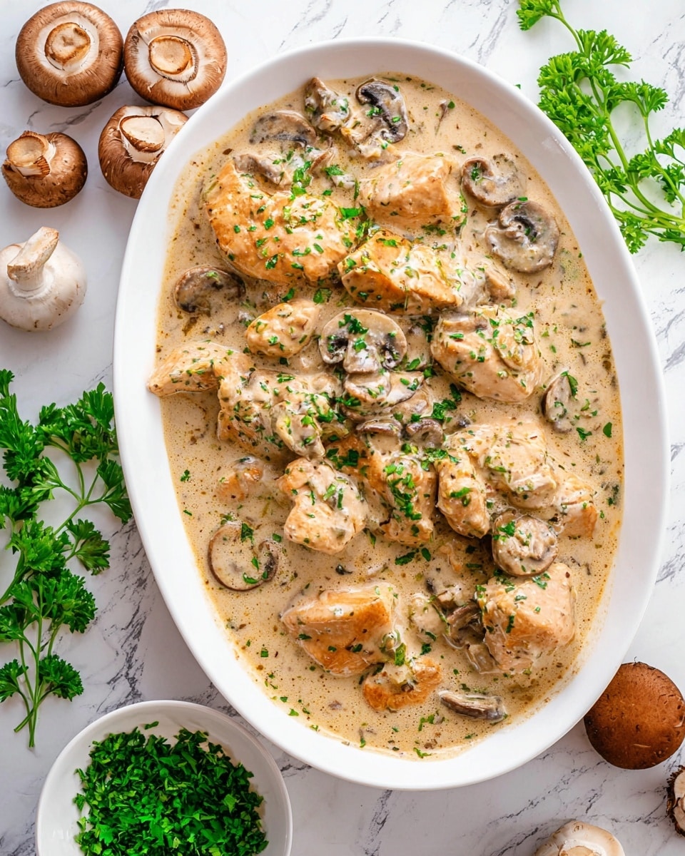 The dish is shown in a white oval bowl filled with a creamy sauce covering several light brown chunks of cooked chicken and slices of sautéed mushrooms, all mixed evenly. The creamy sauce is beige with specks of herbs, adding texture, and bright green parsley pieces are sprinkled over the top and around the bowl for color contrast. Around the bowl, whole mushrooms and fresh parsley sprigs rest on a white marbled surface, and a small white bowl with chopped green parsley adds fresh detail to the scene. photo taken with an iphone --ar 4:5 --v 7